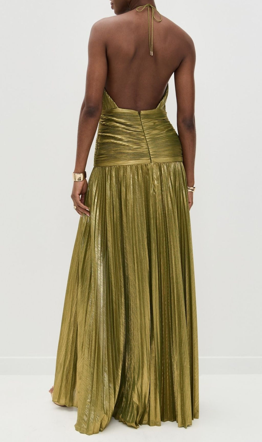 Syriona Halterneck Split Pleated Metallic Maxi Dress In Gold
