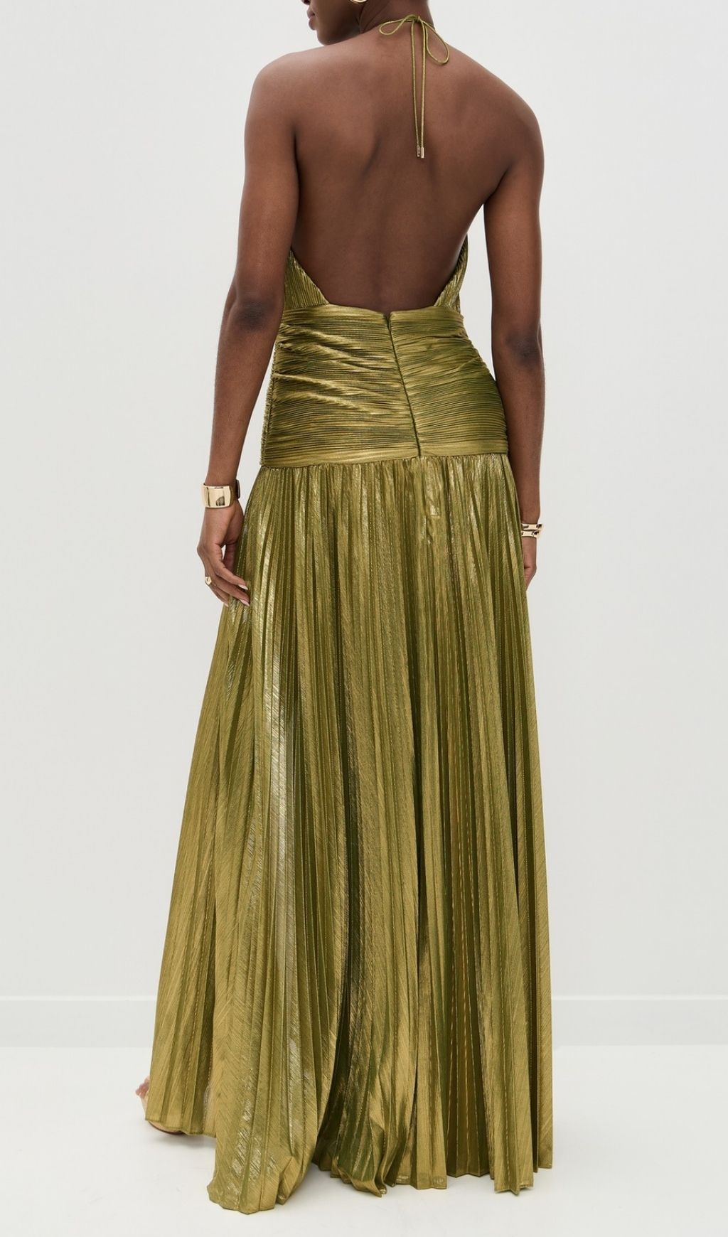 Syriona Halterneck Split Pleated Metallic Maxi Dress In Gold