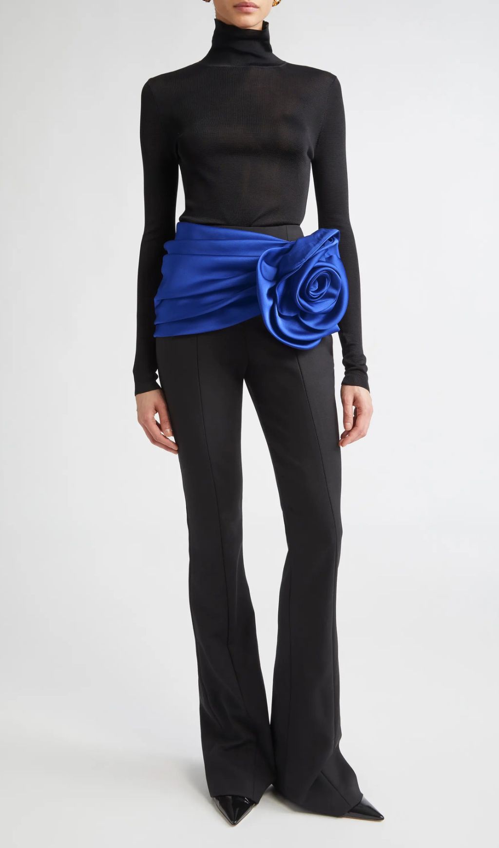 Joie Black 3-Piece Set: Bodysuit, Flare Pants & Vibrant Blue Floral Belt