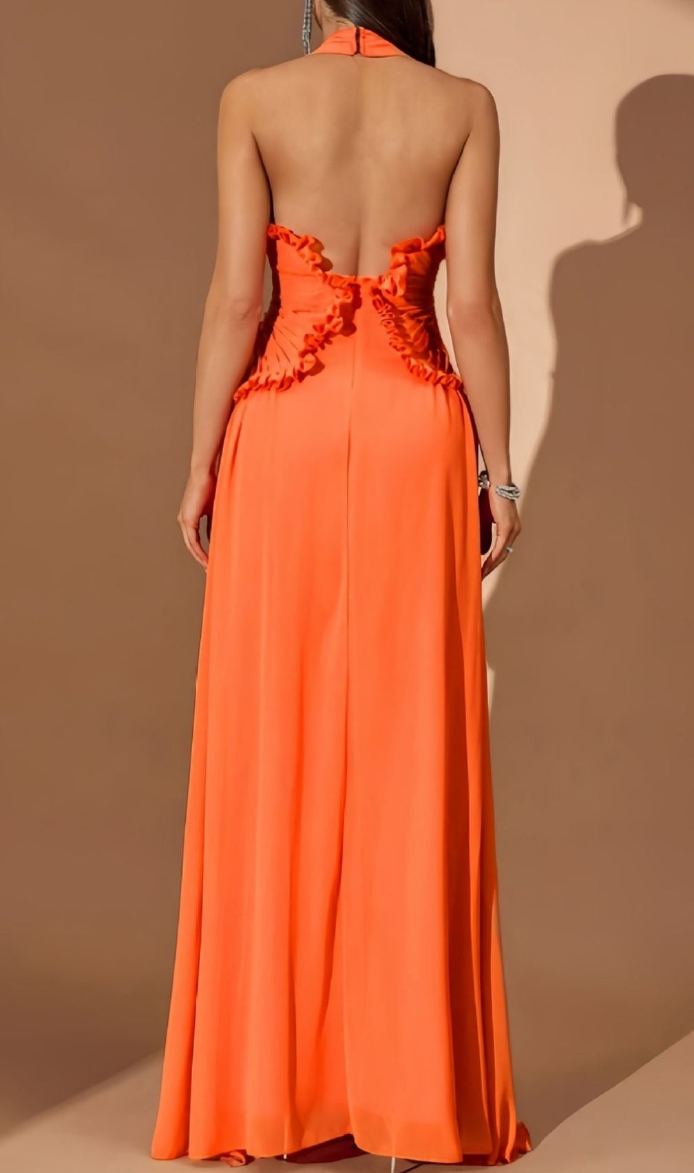 Kallisto Halter Pleated Maxi Dress: Vibrant Orange Evening Gown for Galas & Events