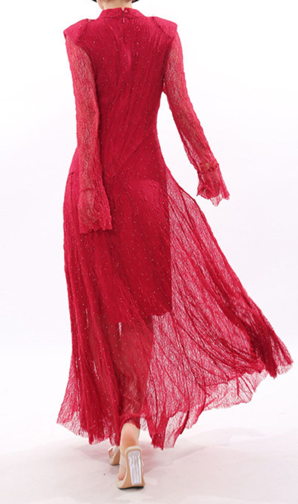 Stunning Ruby Red Sparkle Lace Maxi Dress - Long Sleeve Evening Gown