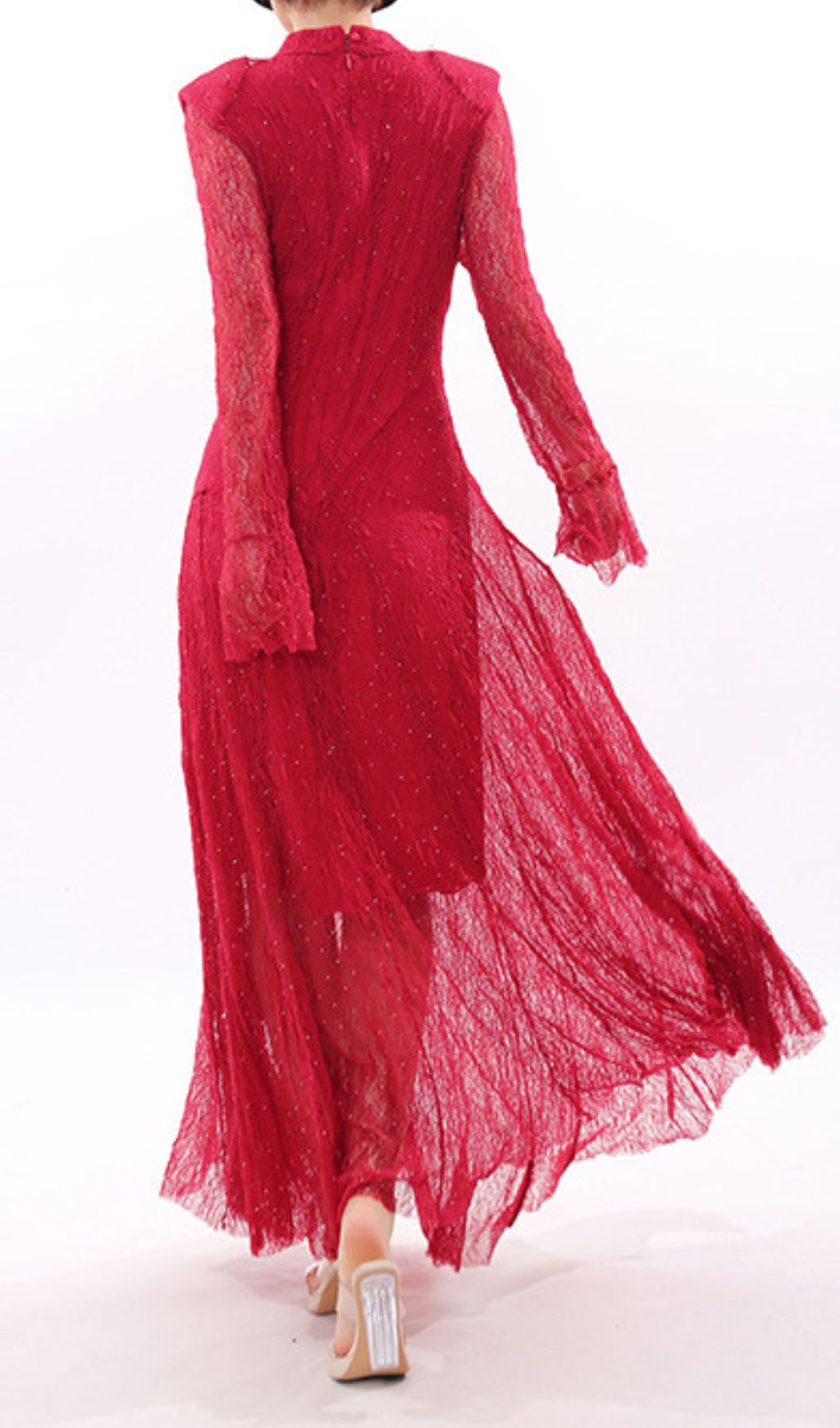 Stunning Ruby Red Sparkle Lace Maxi Dress - Long Sleeve Evening Gown