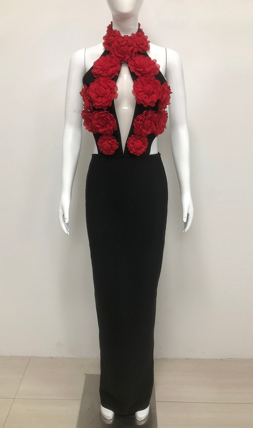 Eydie Black Halter Flower Bandage Maxi Dress