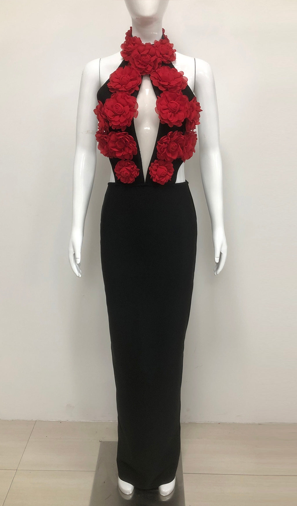 Eydie Black Halter Flower Bandage Maxi Dress