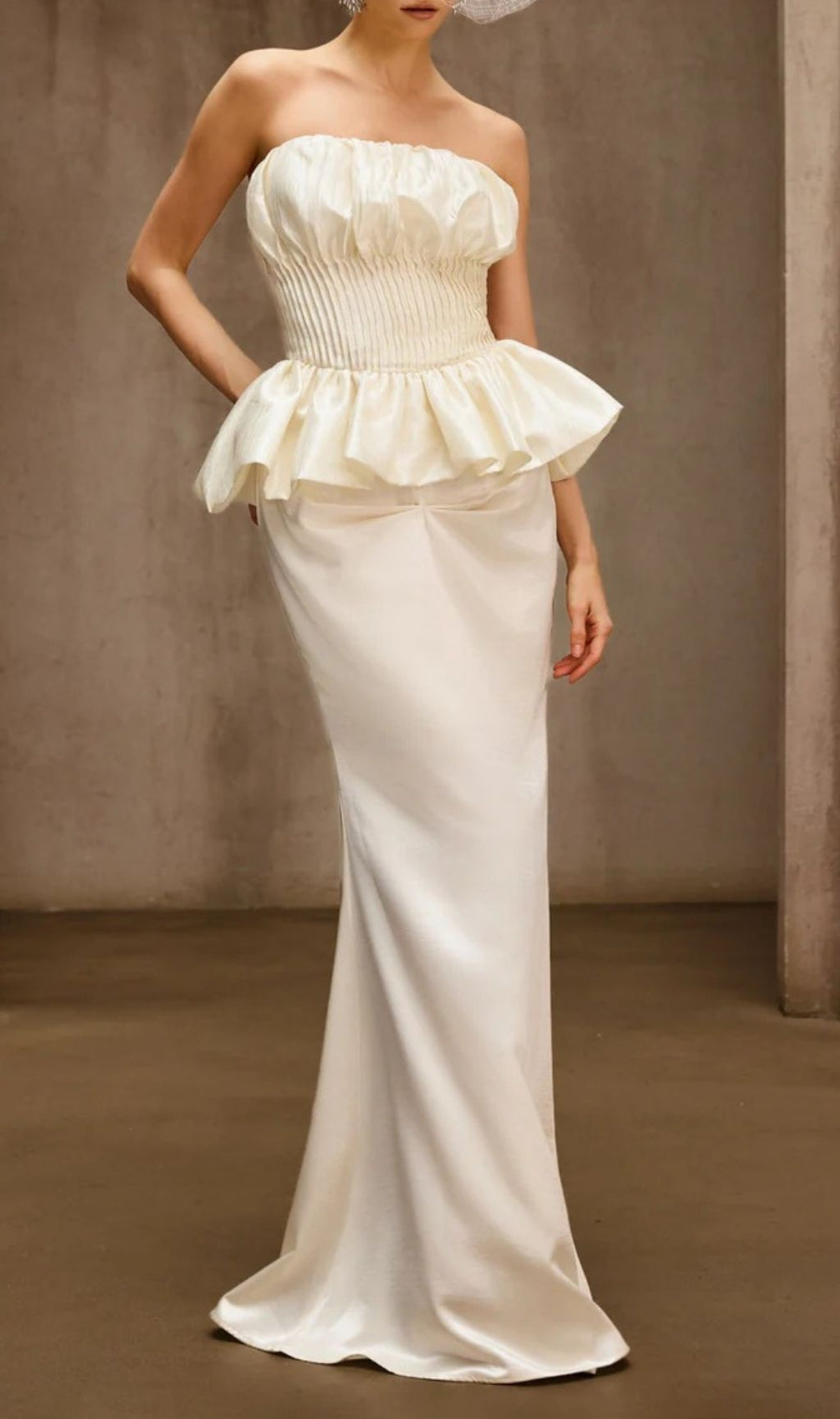 Dysis Luxe Strapless Pleated Peplum Maxi Gown | High-Impact Evening Dress