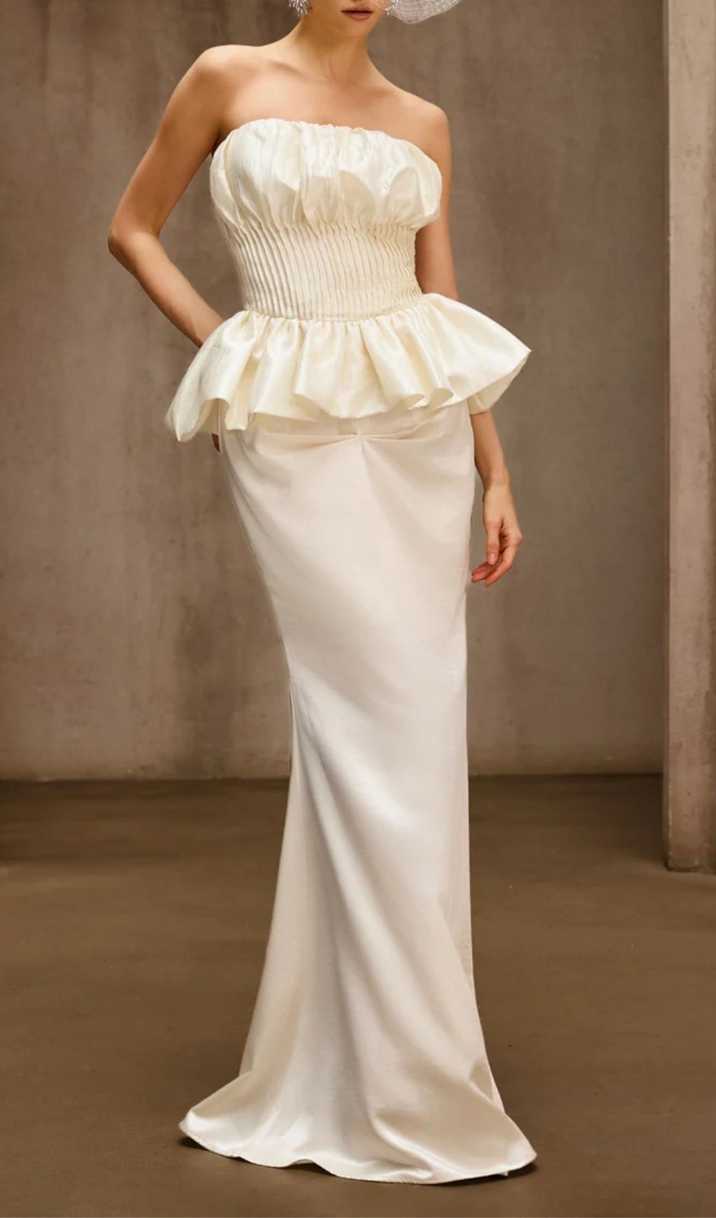 Dysis Luxe Strapless Pleated Peplum Maxi Gown | High-Impact Evening Dress