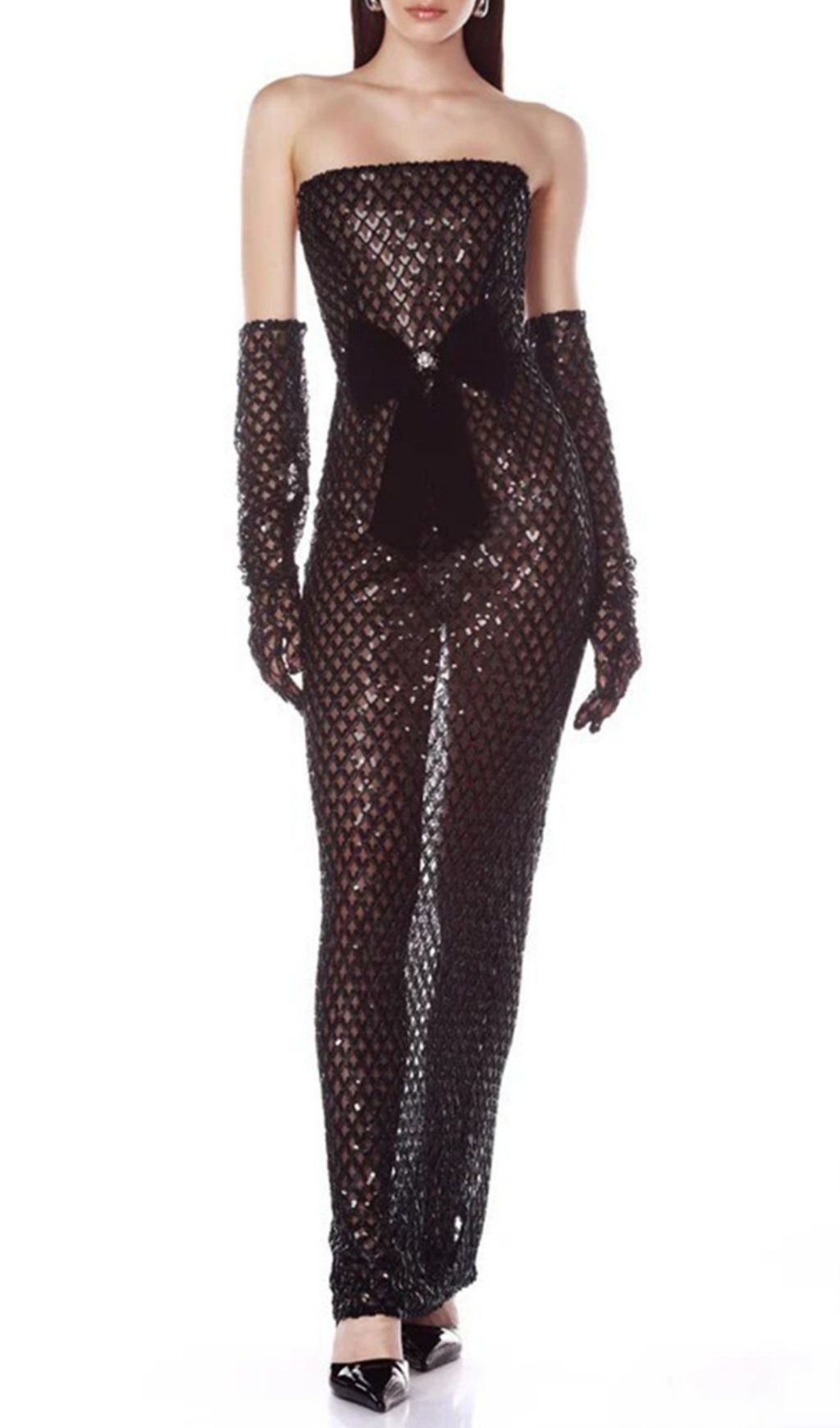 Glamorous Kelda Black Sequin Strapless Maxi Gown with Velvet Bow