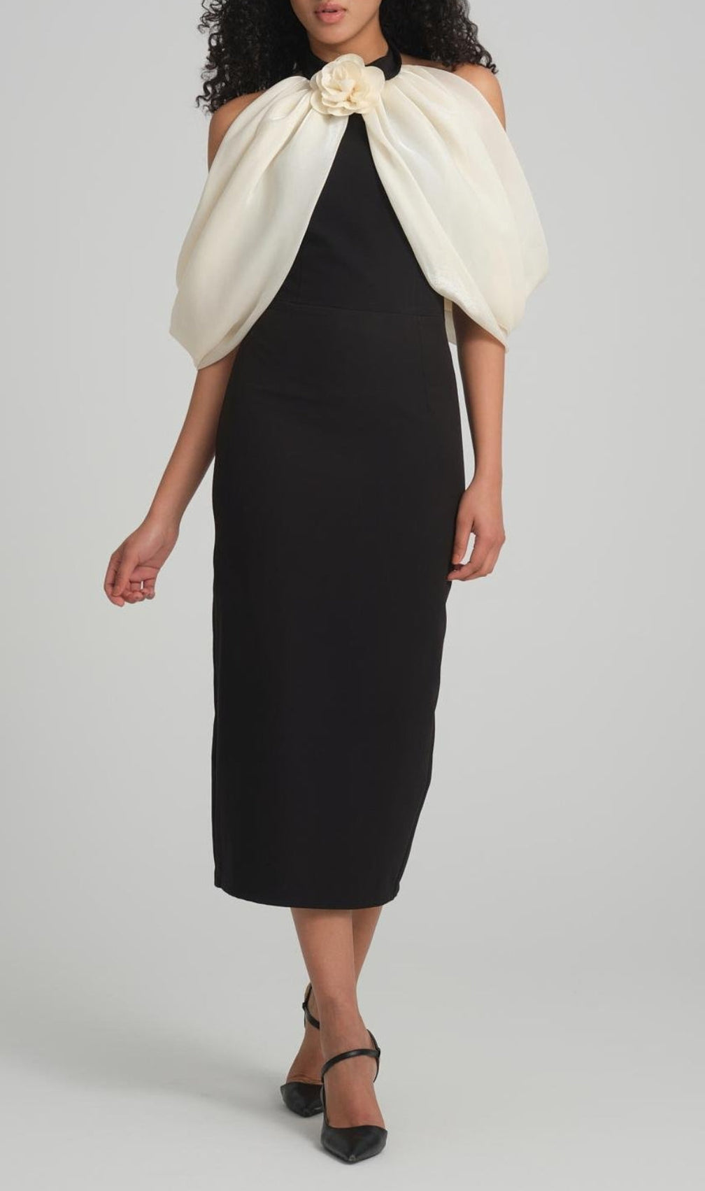 Bess Black Off-Shoulder Flower Midi Dress