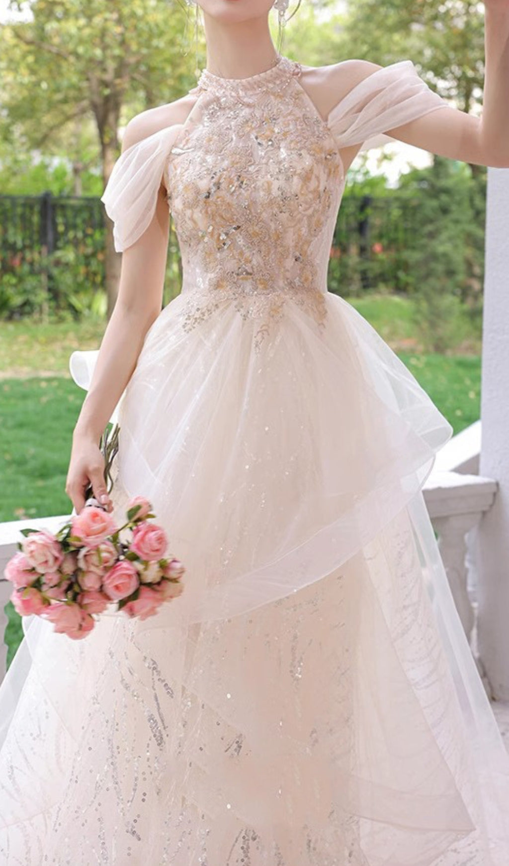 Chione Champagne Halter Sequin Mesh Maxi Dress