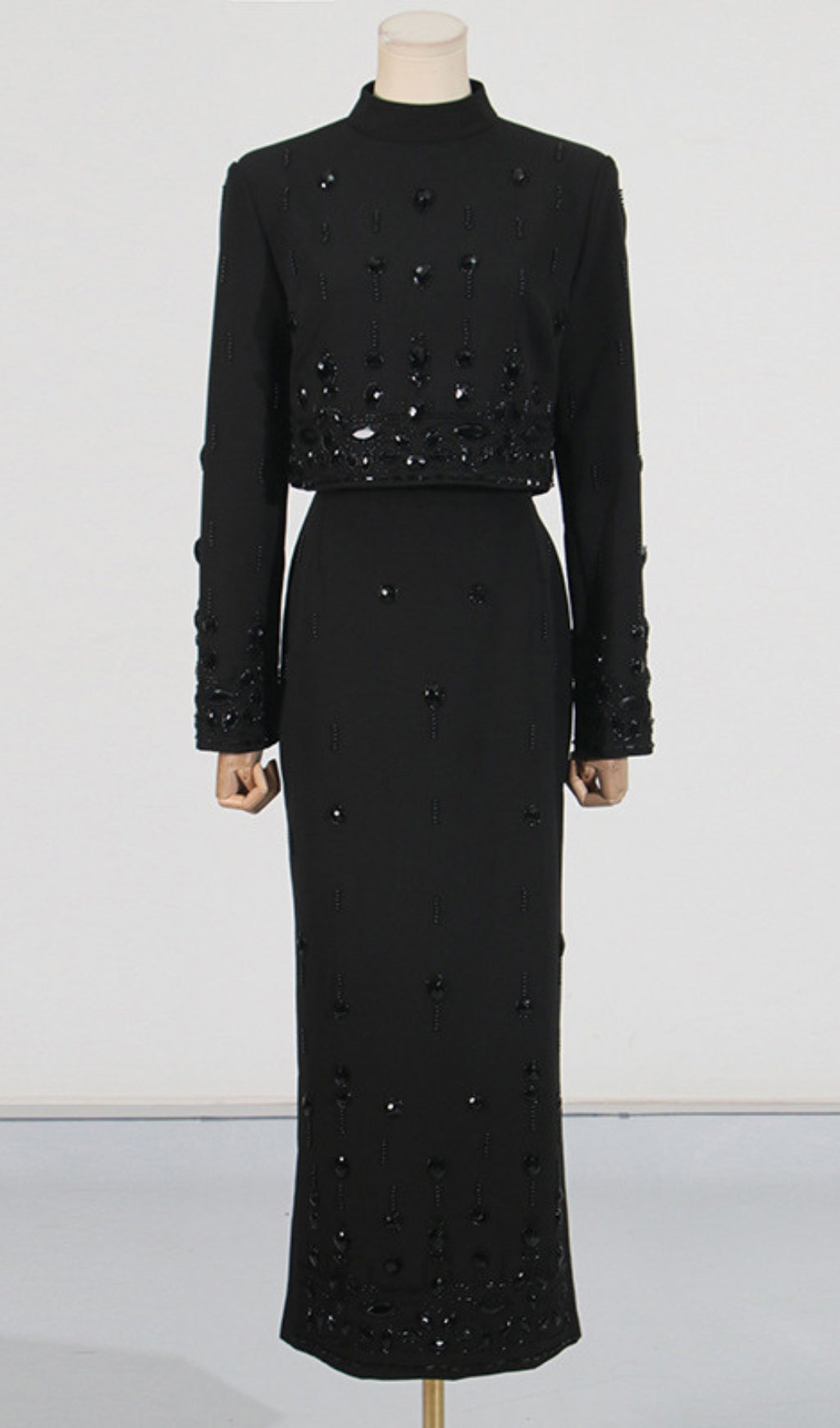 Dangola Rhinestone Long Sleeve Top & Maxi Skirt Set