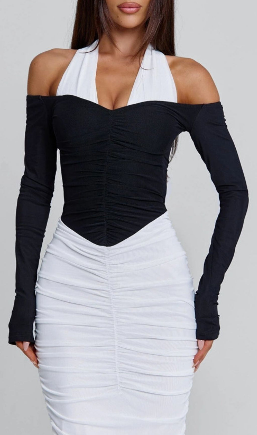 Kapri Elegant Two-Tone Halter & Off-Shoulder Ruched Maxi Dress