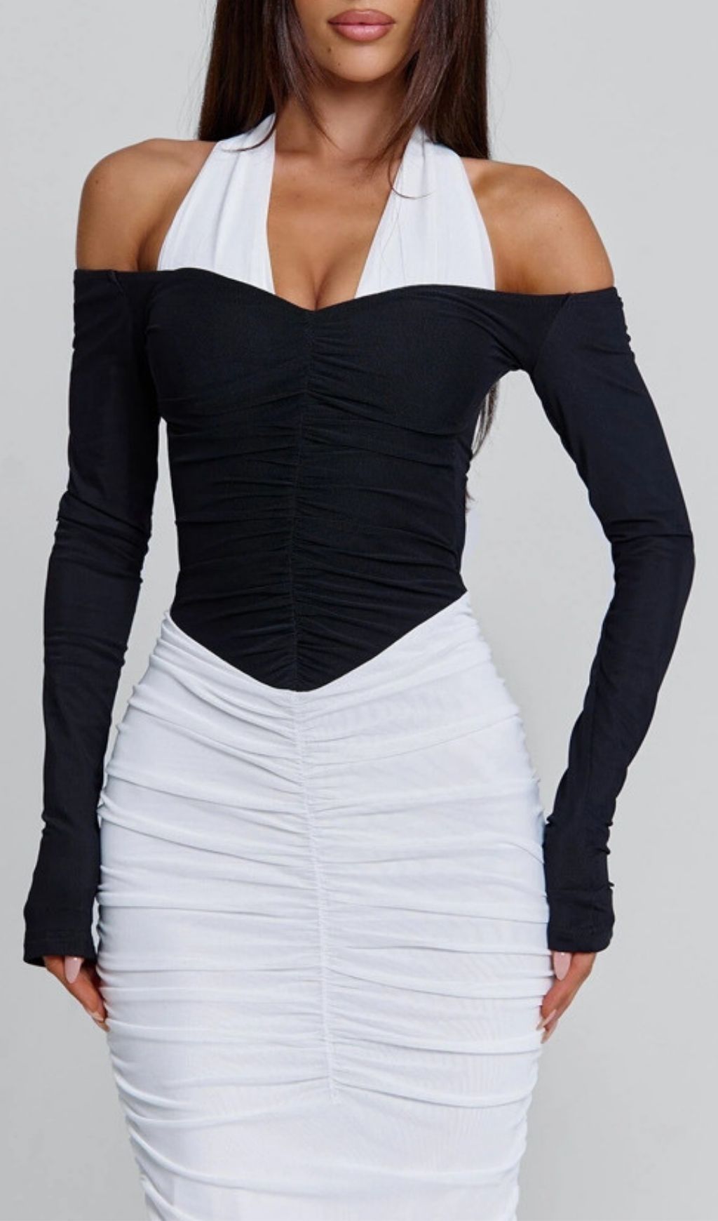 Kapri Elegant Two-Tone Halter & Off-Shoulder Ruched Maxi Dress