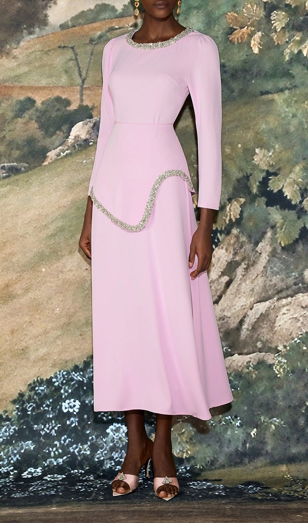 Damla Crystal & Rhinestone Embellished Pink Midi Dress - Elegant Three-Quarter Sleeve Gown