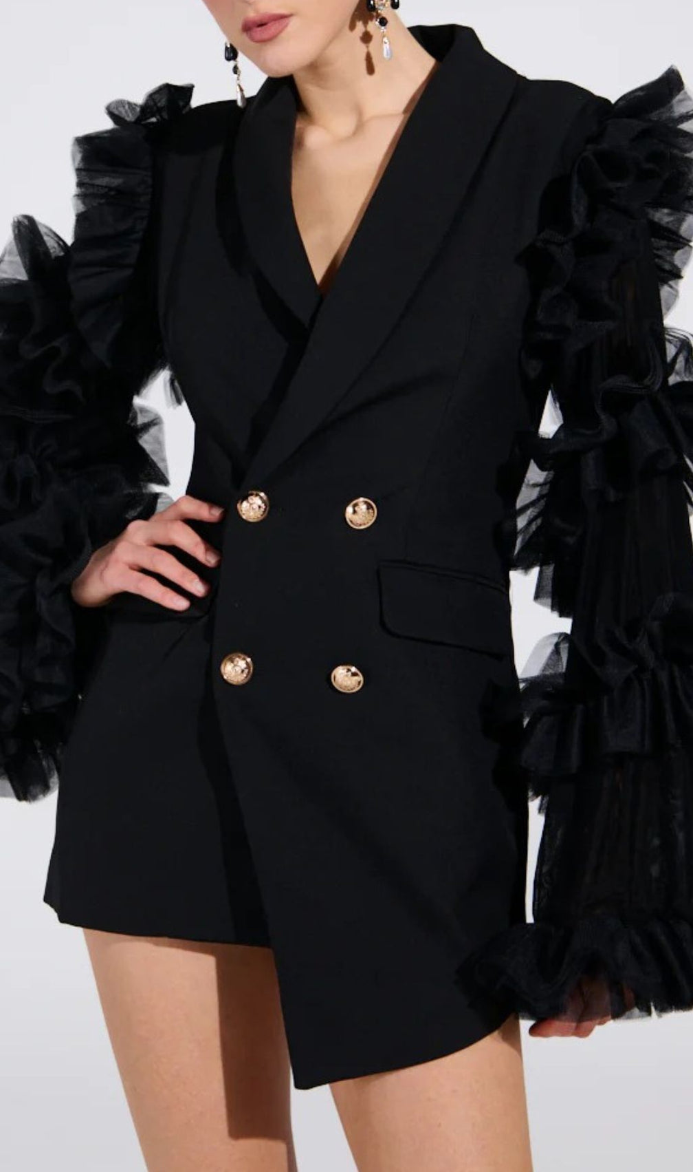 Kaleena Dramatic Tulle Sleeve Blazer Dress | Black Statement Mini for Women