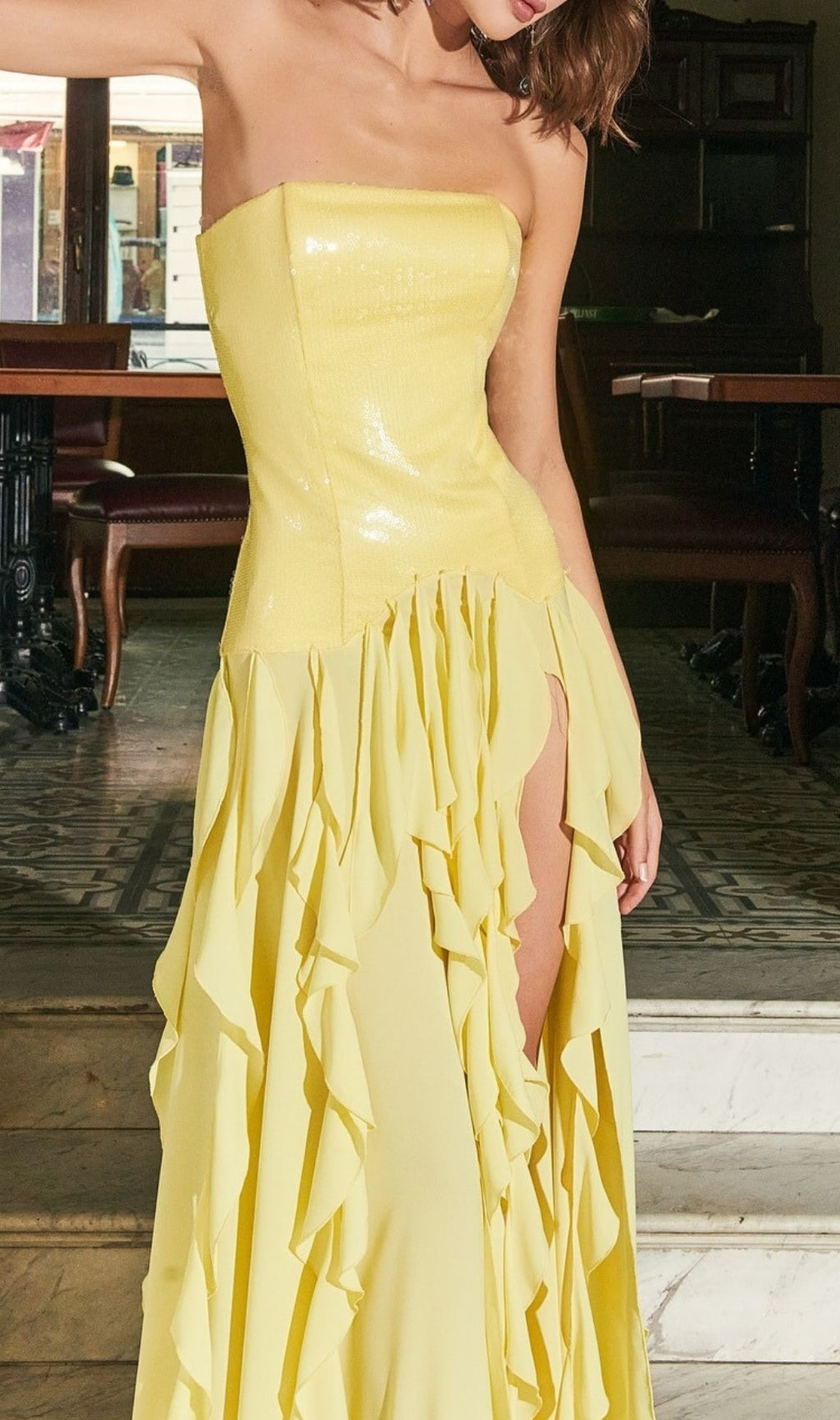 Kalki Dazzling Yellow Strapless Sequin Ruffle Maxi Dress