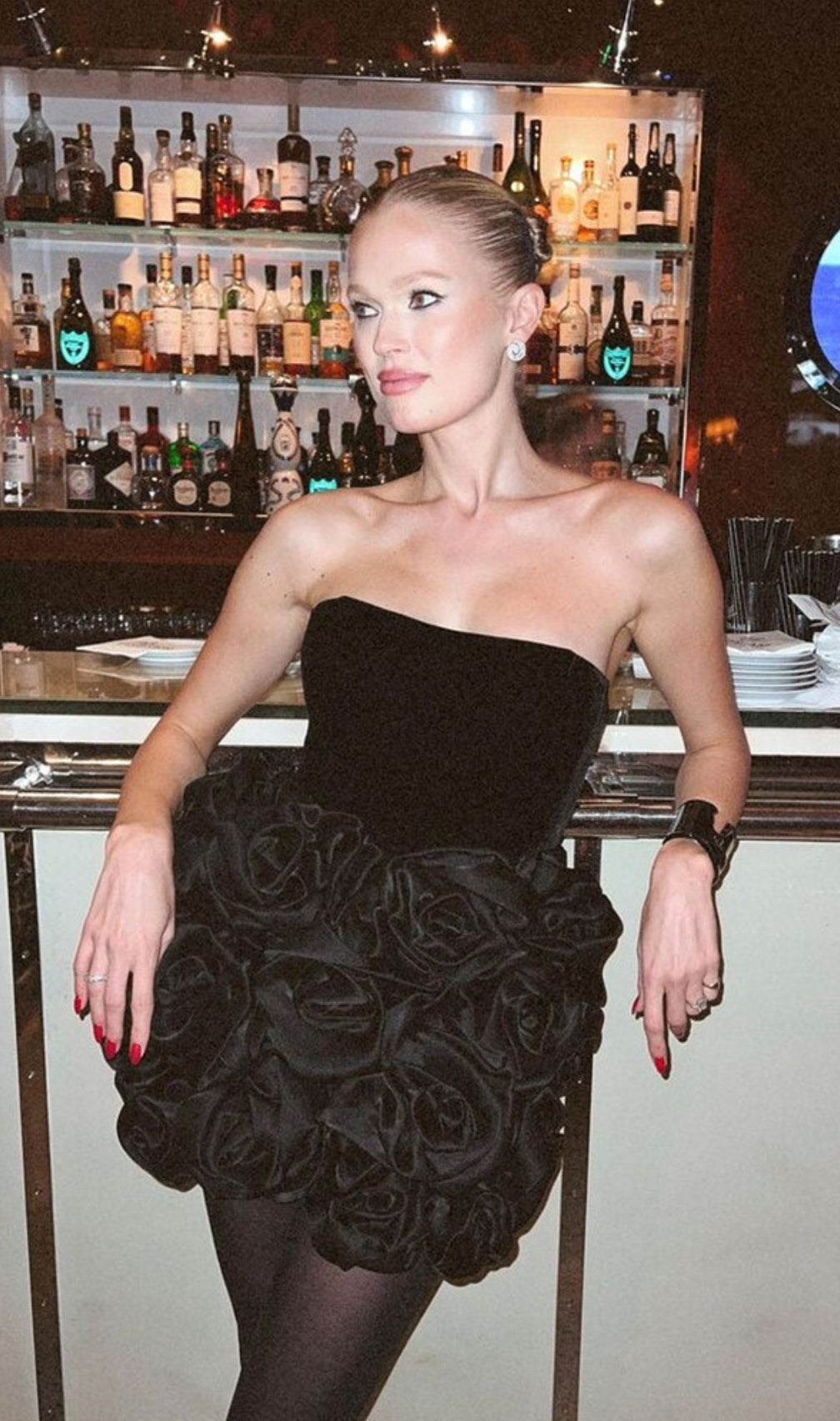 Calix Strapless Flower Satin Mini Dress