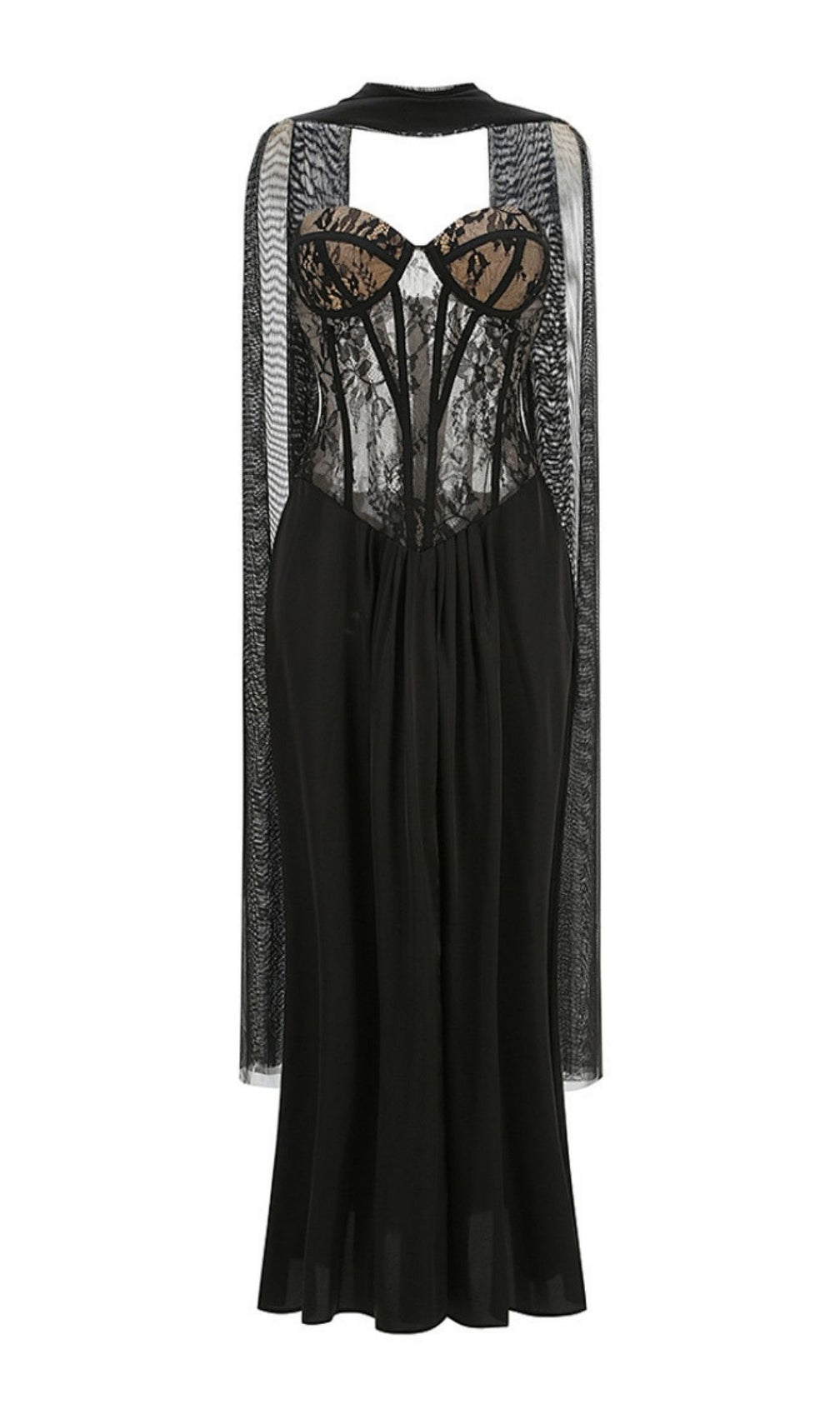Kalei Black Lace Corset Maxi Dress with Sheer Cape Overlay | Elegant Evening Gown