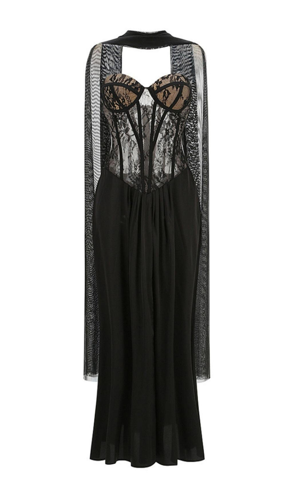Kalei Black Lace Corset Maxi Dress with Sheer Cape Overlay | Elegant Evening Gown