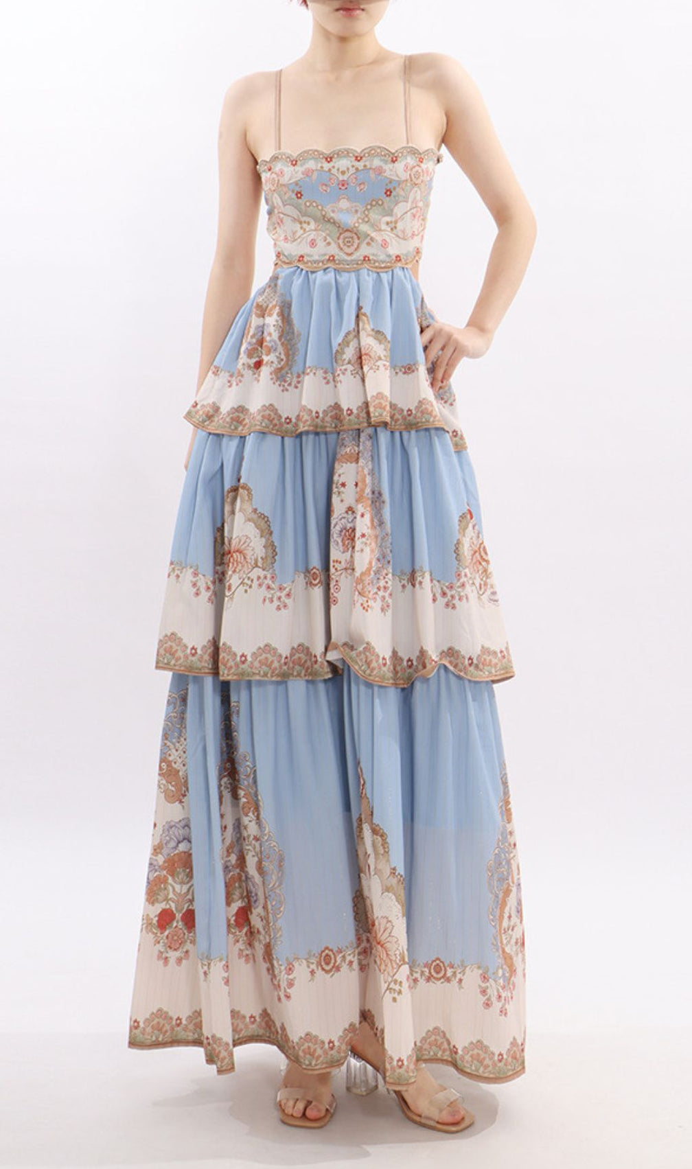 Jevic Serene Blue Bohemian Tiered Maxi Dress - Intricate Print & Strappy Design