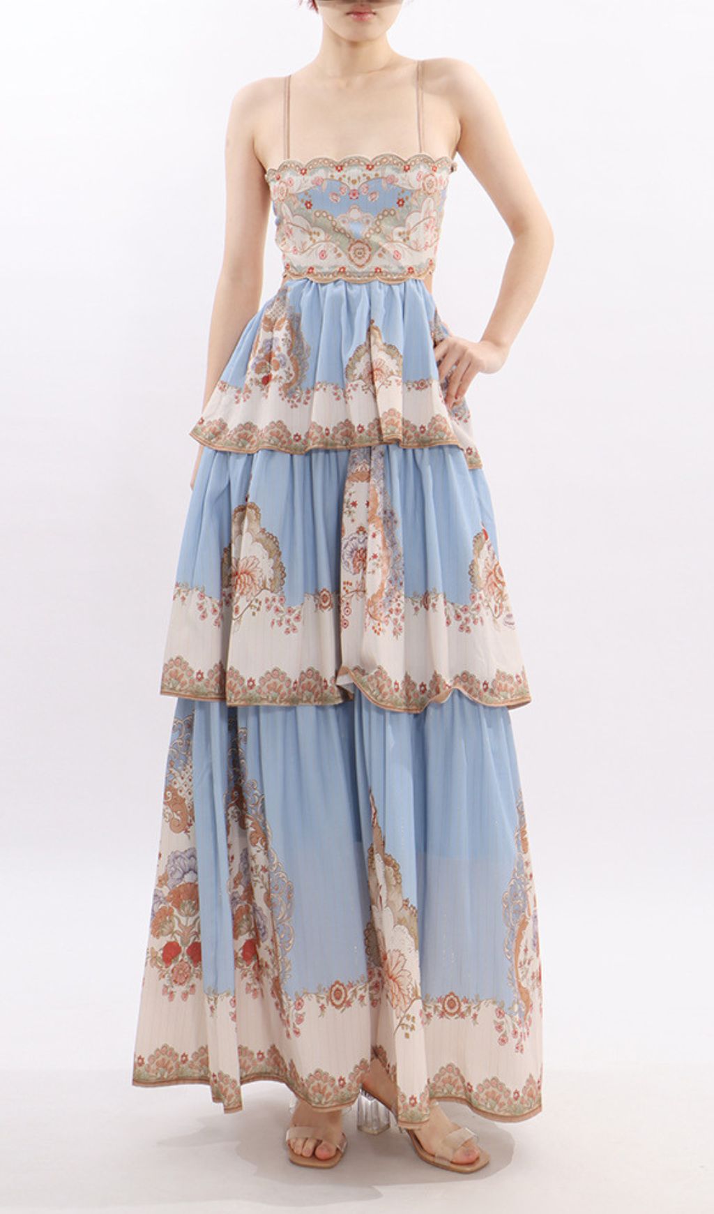 Jevic Serene Blue Bohemian Tiered Maxi Dress - Intricate Print & Strappy Design