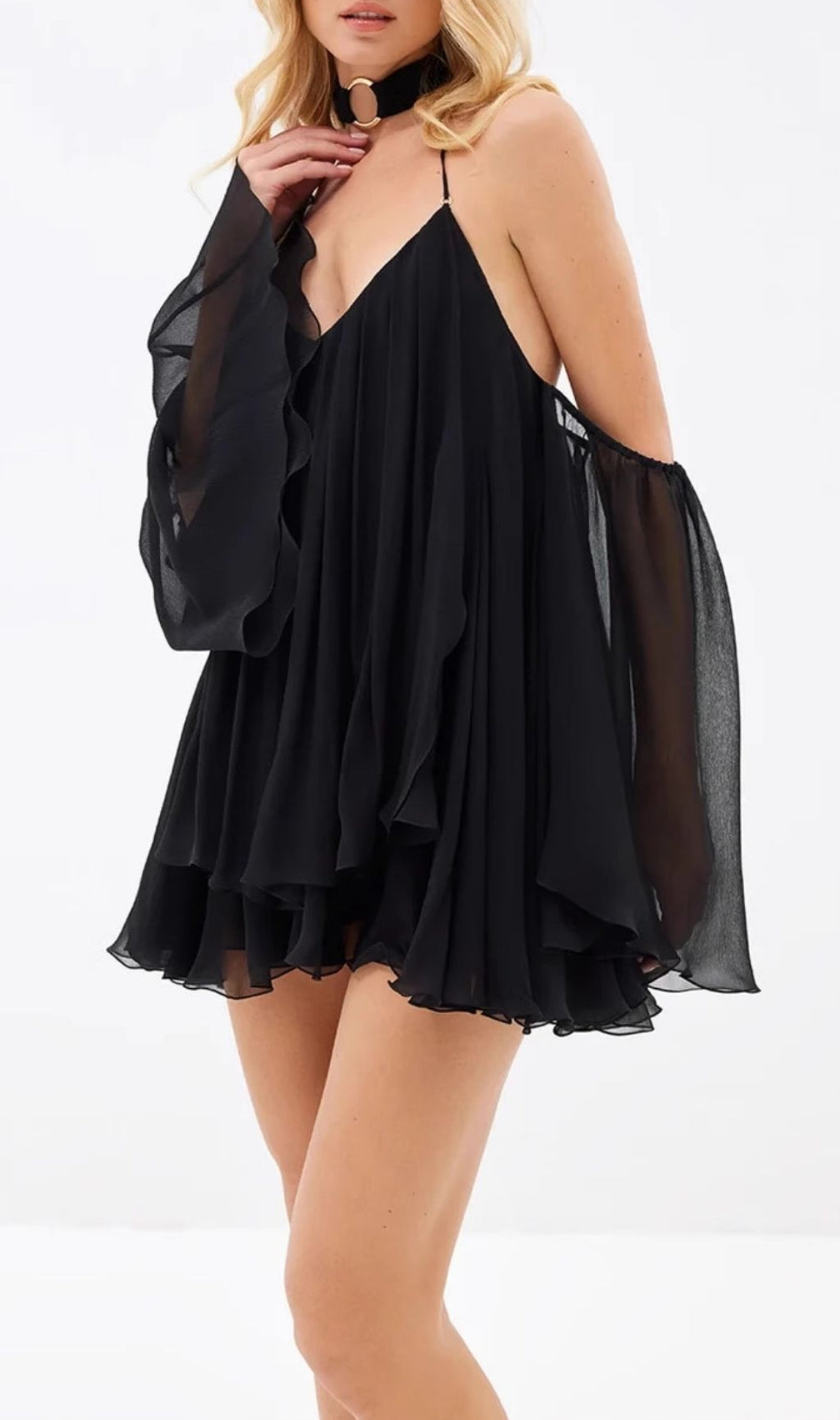 Karyn Black Halter Mini Dress - Open Back, Sheer Sleeves & Ruffle Hem