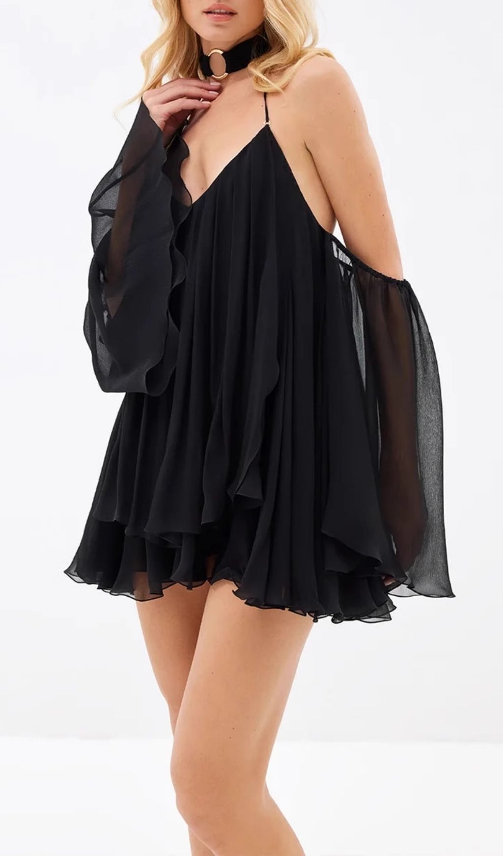 Karyn Black Halter Mini Dress - Open Back, Sheer Sleeves & Ruffle Hem