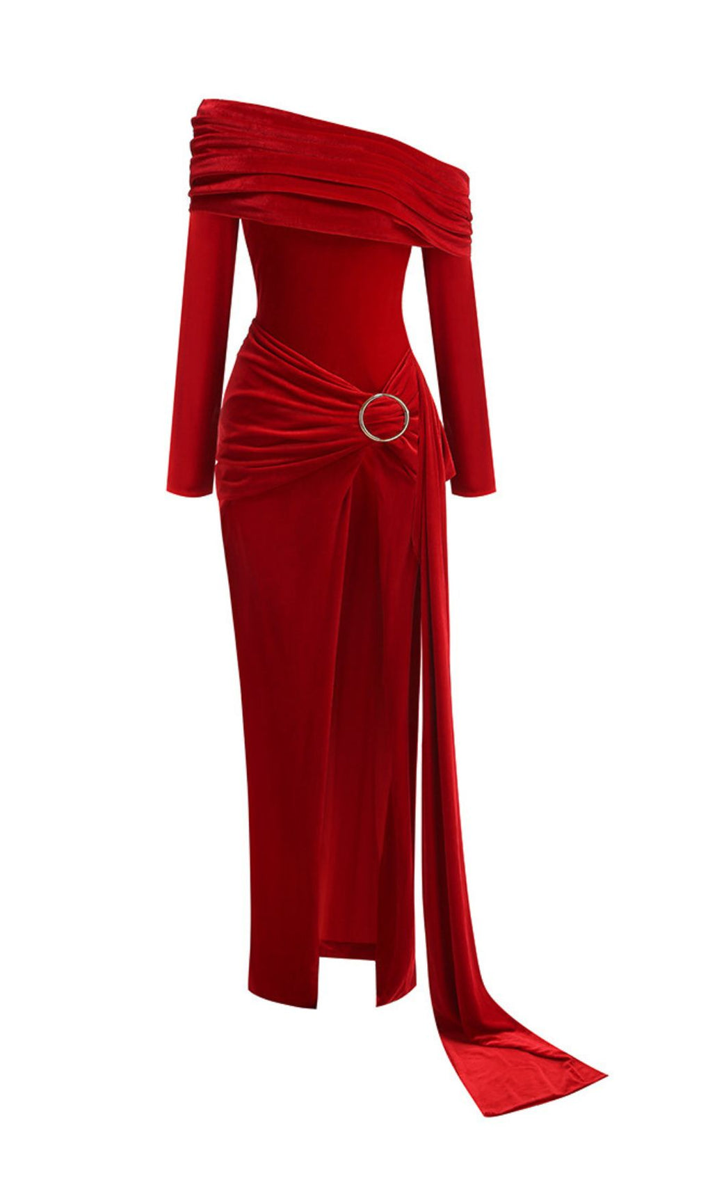 Jahanna Regal Red Velvet Off-Shoulder Maxi Dress with High Slit & Ruched Detail