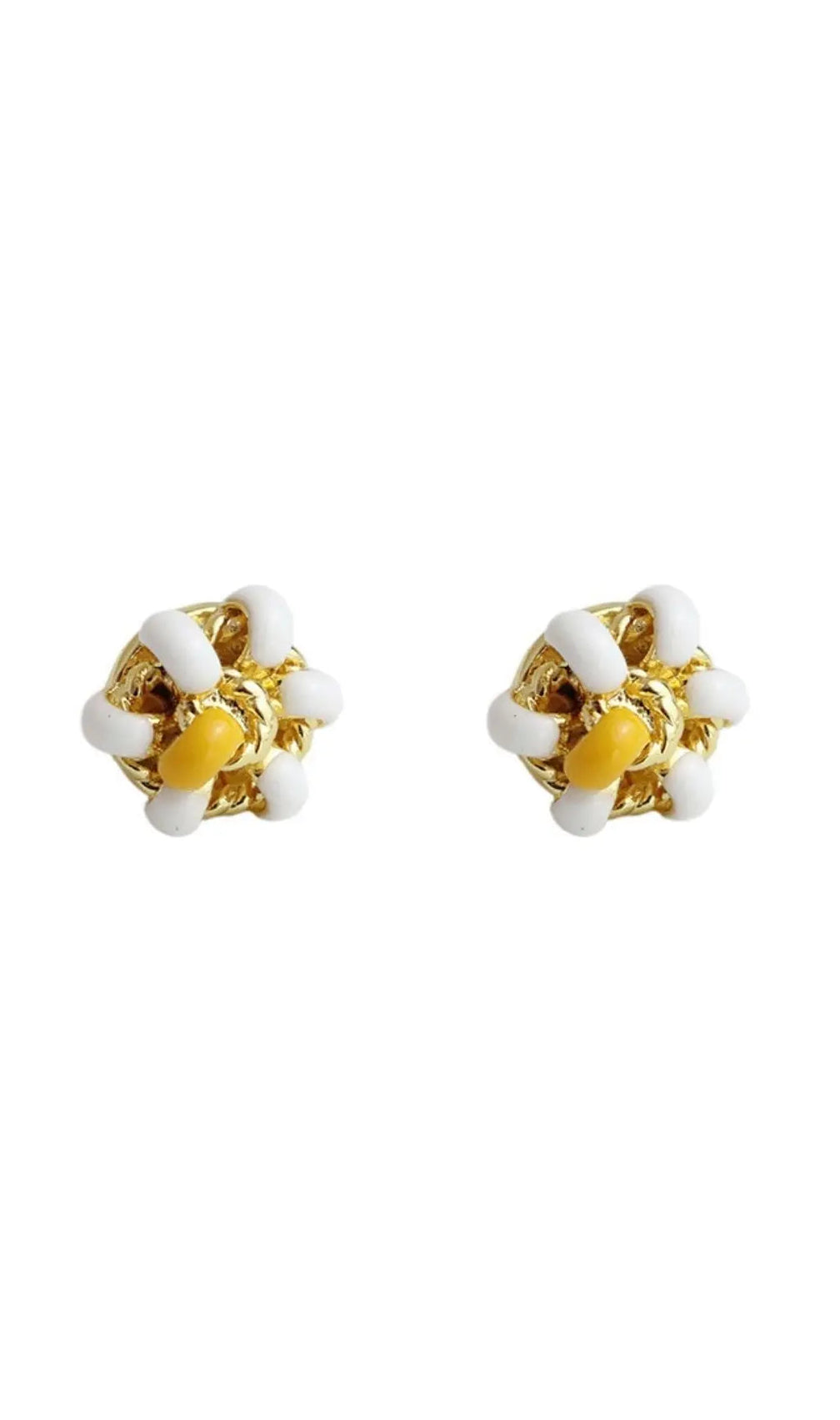 18K Gold Enamel Flower Ear Studs - White