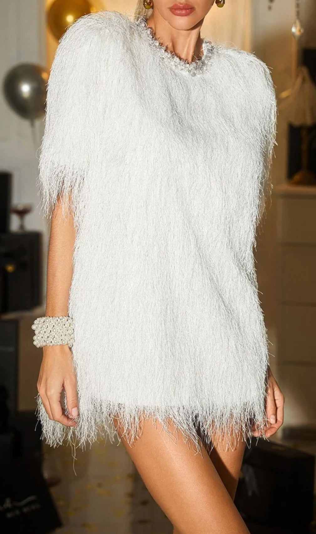 Celena Dazzling White Pearl Fringe Mini Dress - Party & Glam
