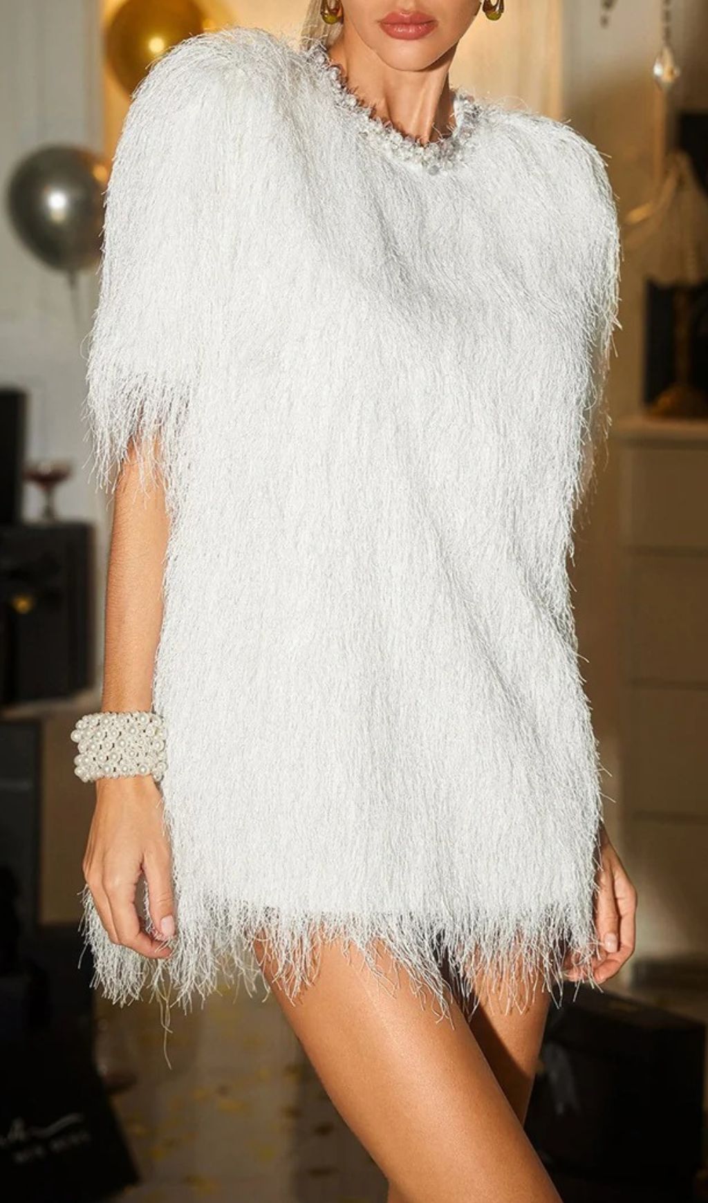 Celena Dazzling White Pearl Fringe Mini Dress - Party & Glam