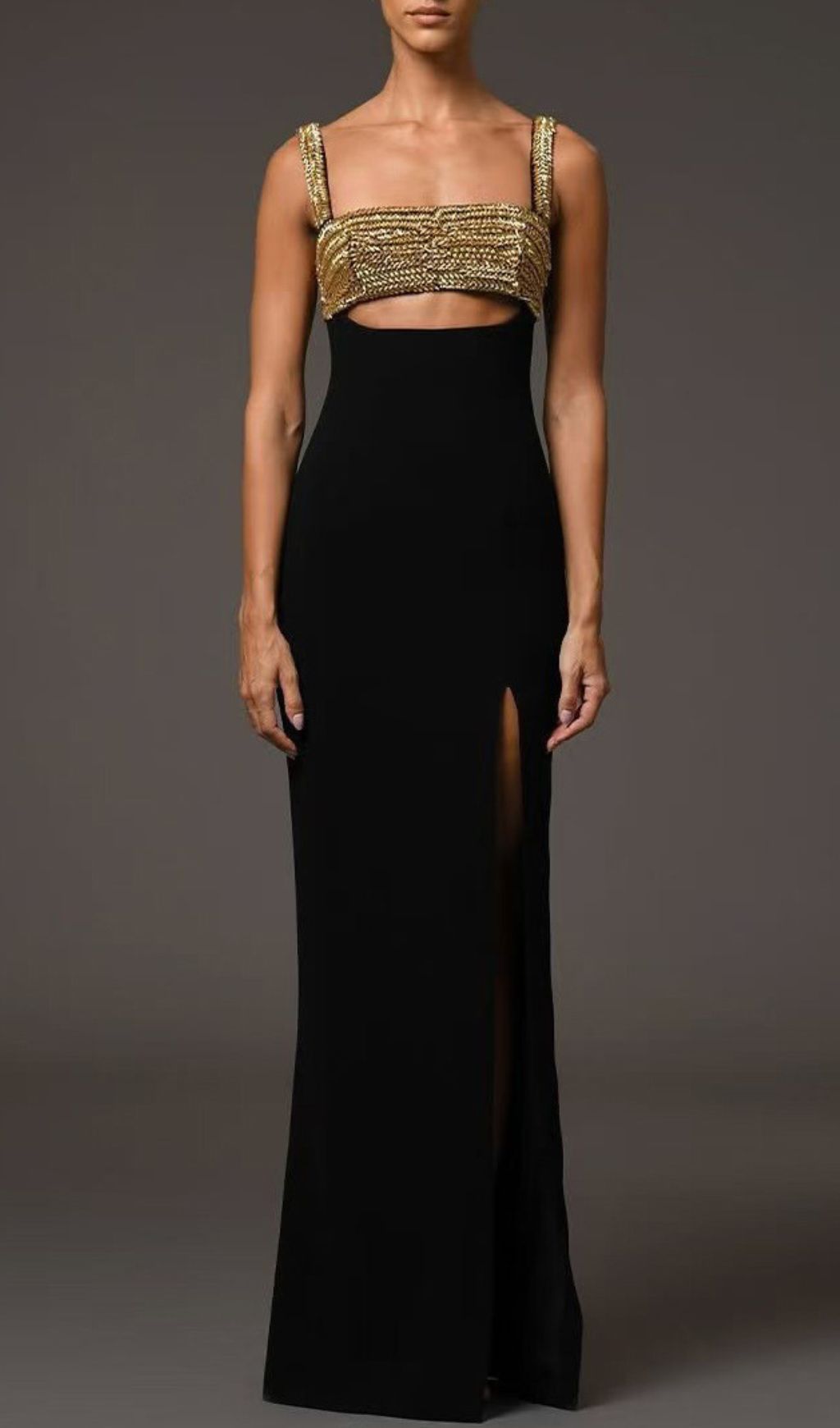 Dulcia Black Gold Rhinestone Bandage Maxi Dress