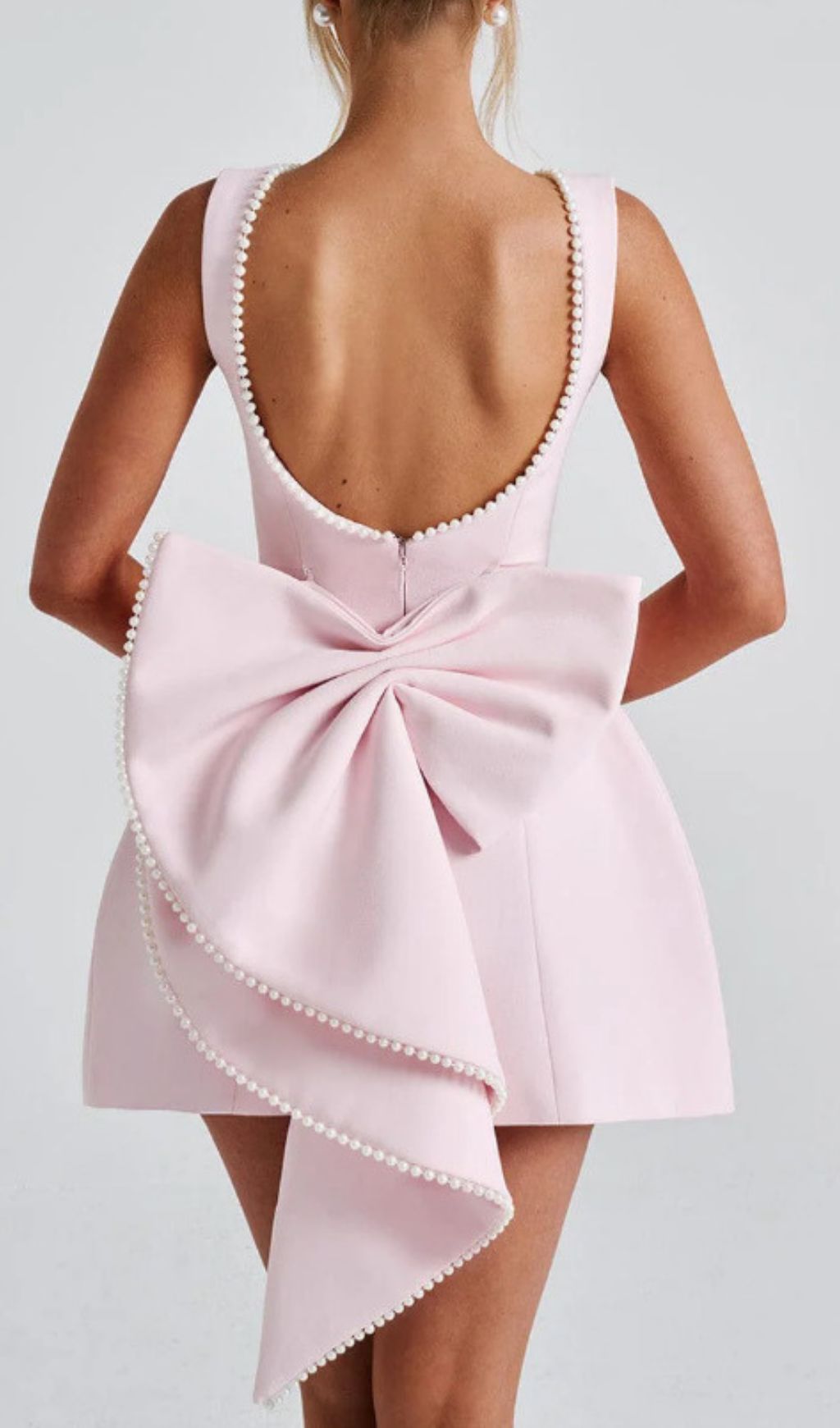 Glamorous Pink Backless Pearl Bow Satin Mini Dress