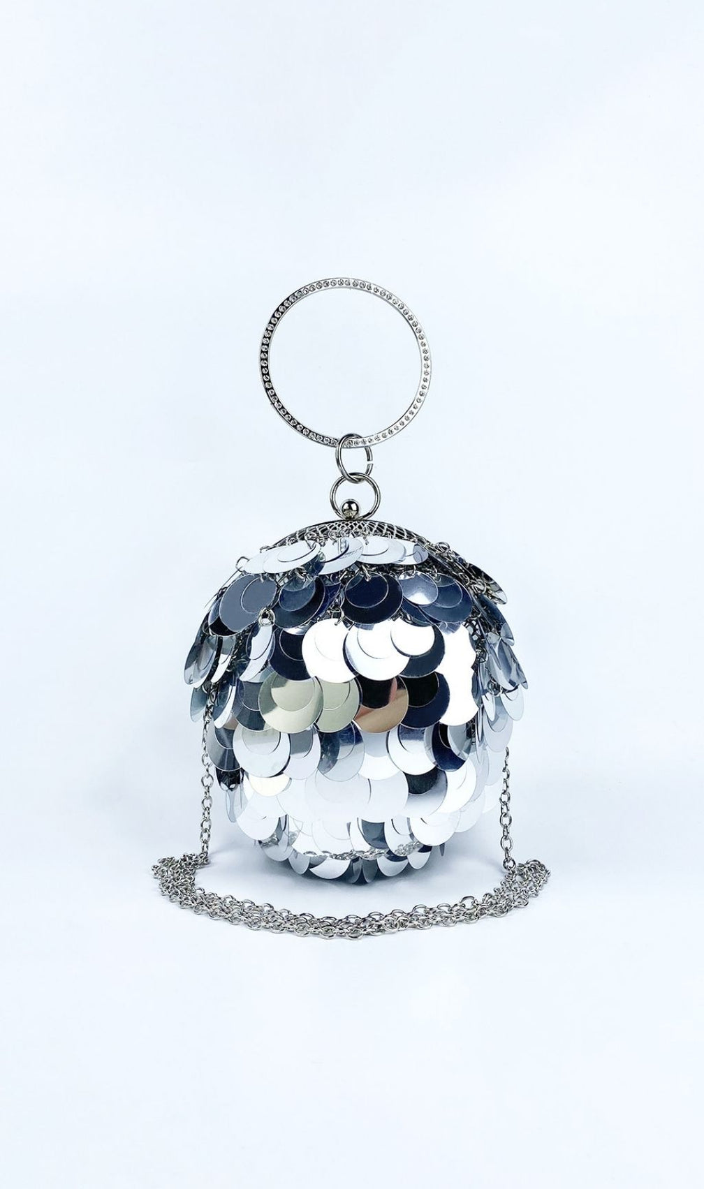 Adaiba Dazzling Silver Sequin Ball Clutch Bag with Ring Handle