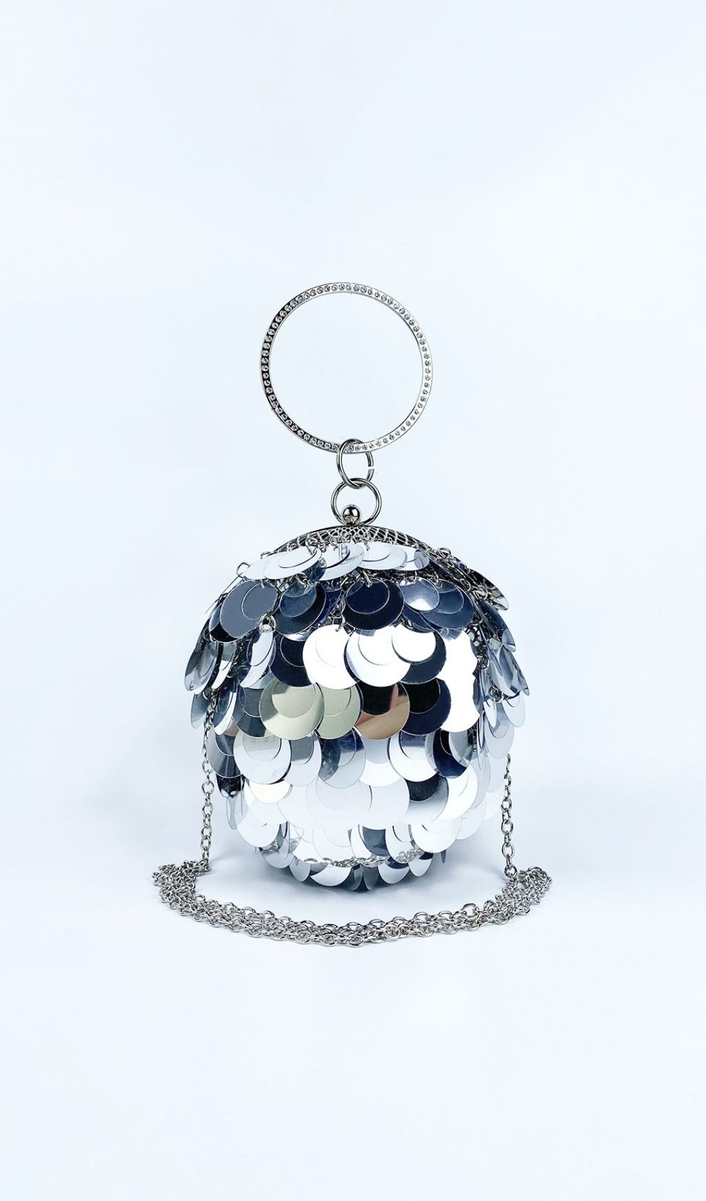 Adaiba Dazzling Silver Sequin Ball Clutch Bag with Ring Handle