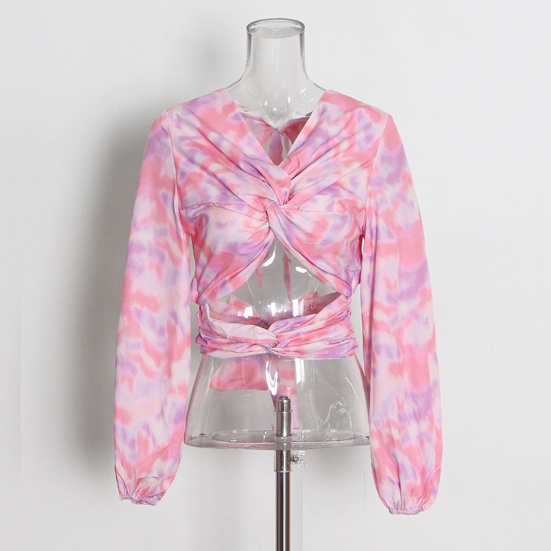 Chic Tie-Dye Twisted Cutout Long Sleeve Crop Top for Women