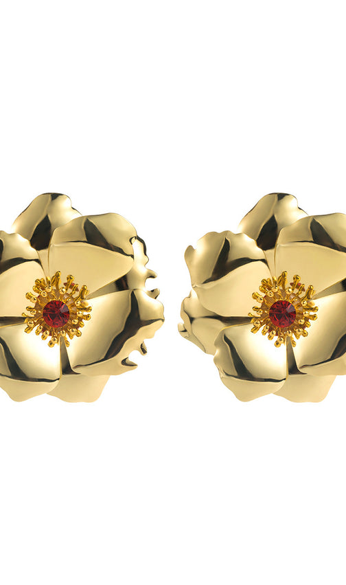 Jumana Gold Statement Flower Earrings with Red Gem