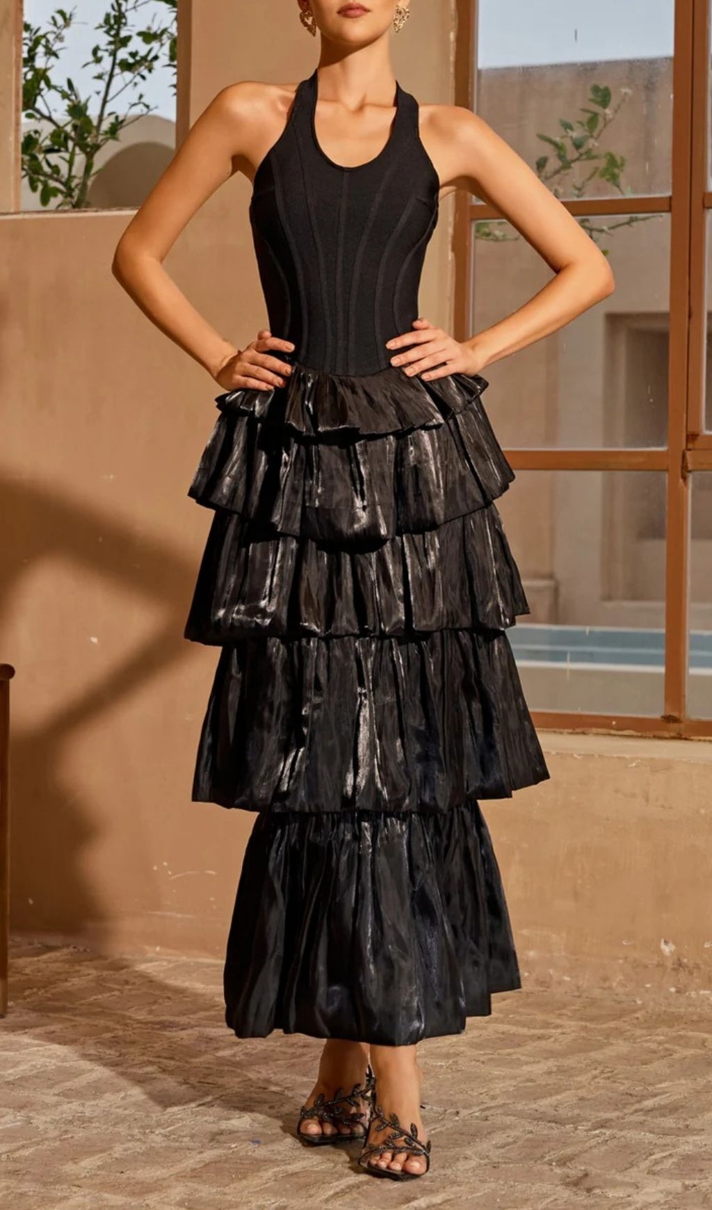 Karev Glamorous Halterneck Metallic Tiered Maxi Dress - Shimmer & Shine