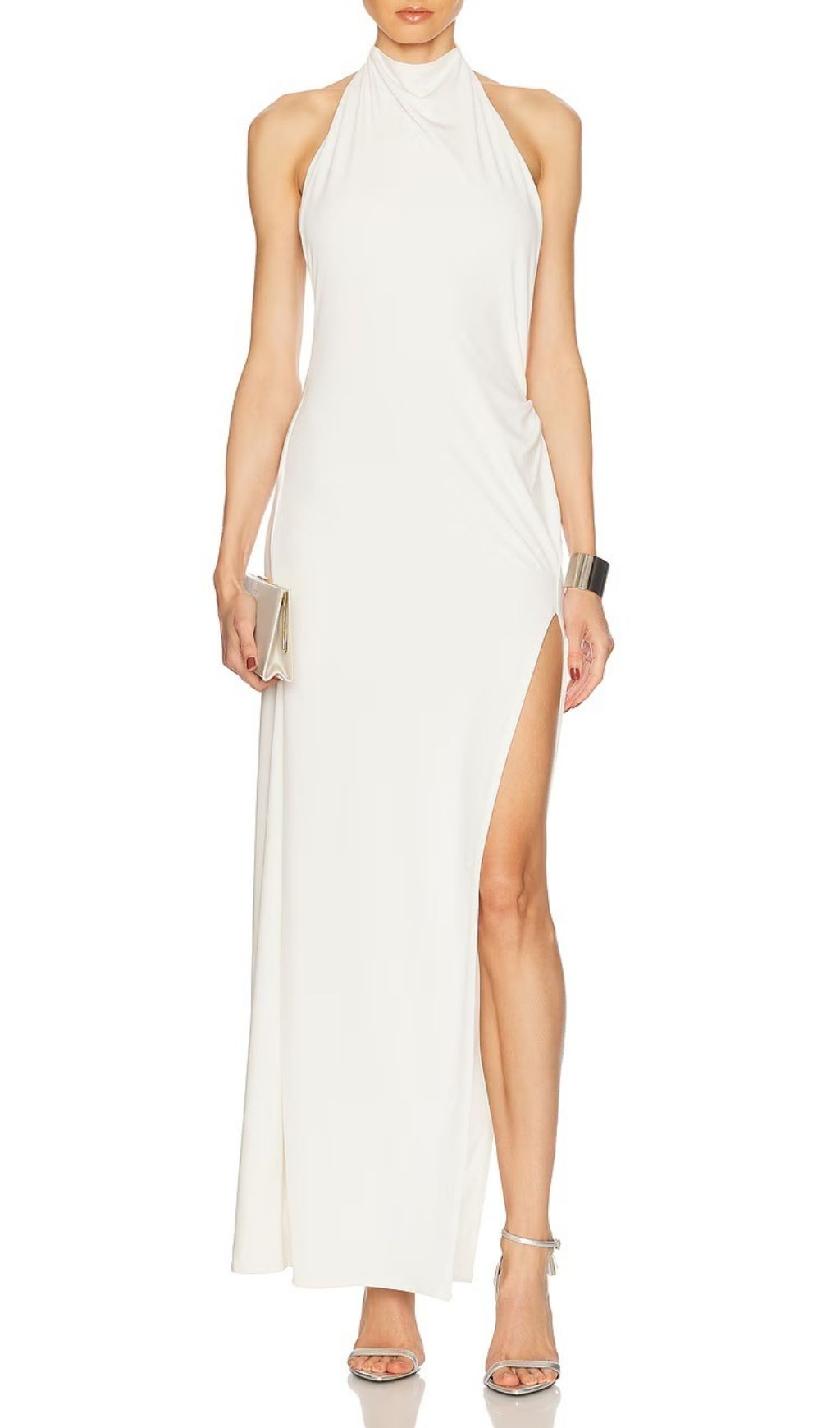 Isaura White Halter Neck Backless Maxi Dress | High Slit & Rhinestone Embellishments