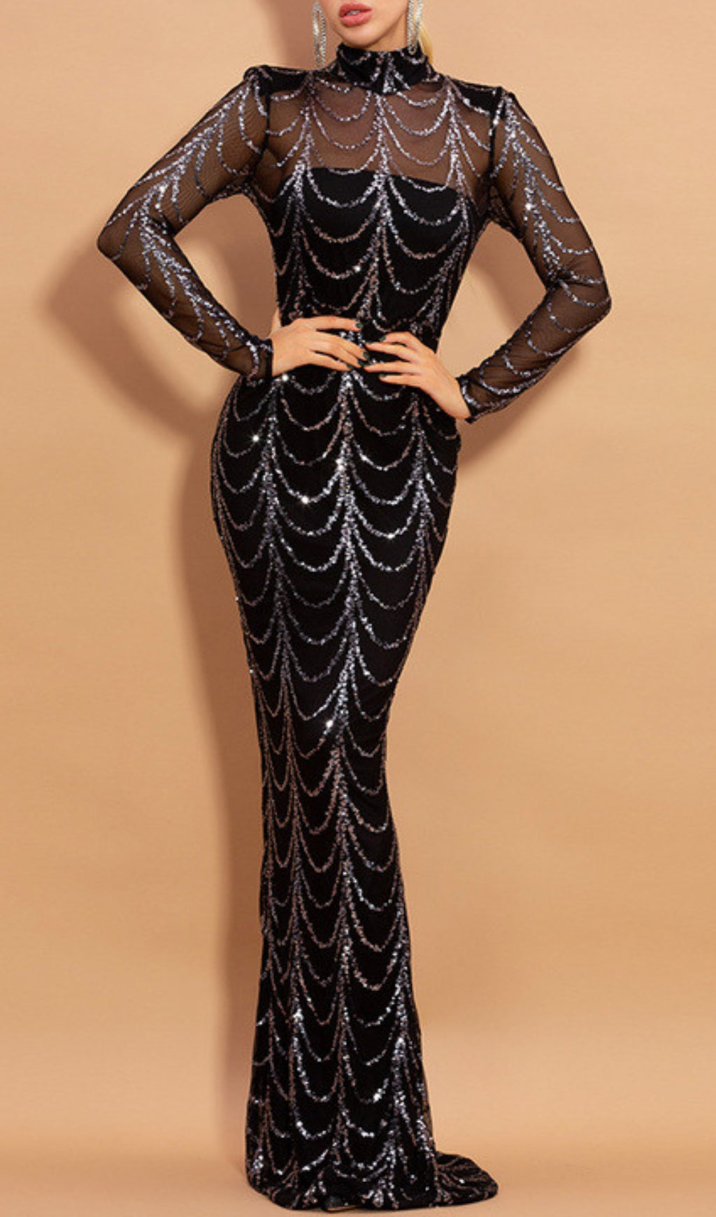 Bethia Black Sequin Mesh Sleeve Maxi Dress
