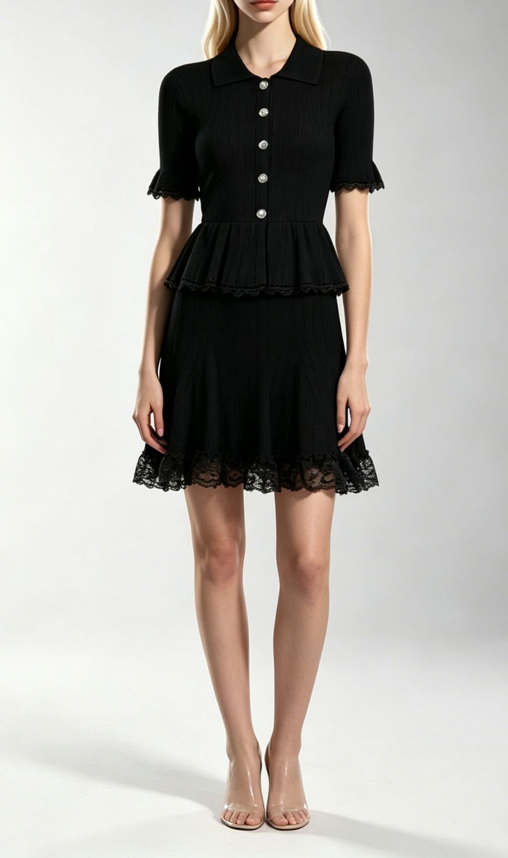 Khosrow Black Lace Knit Peplum Mini Dress