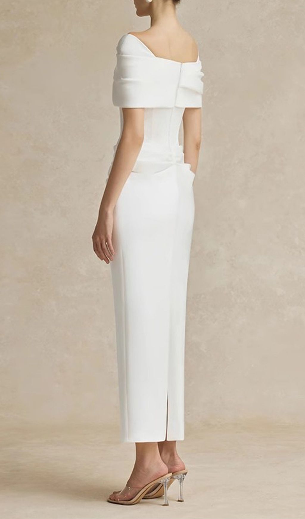 Kamar Elegant White Off-Shoulder Draped Midi Dress - Bridal & Special Occasion