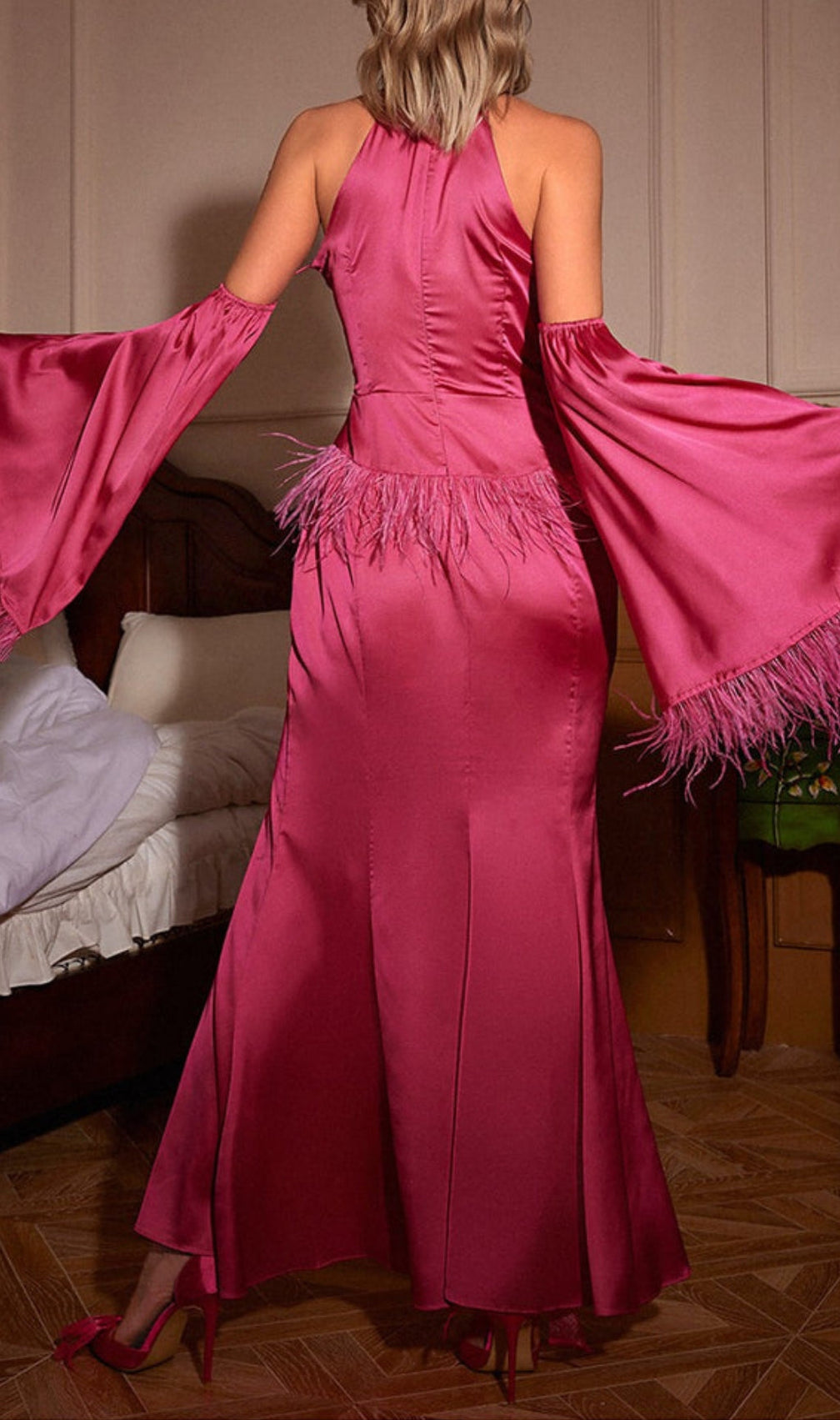 Astra Pink Halterneck Feather Satin Dress