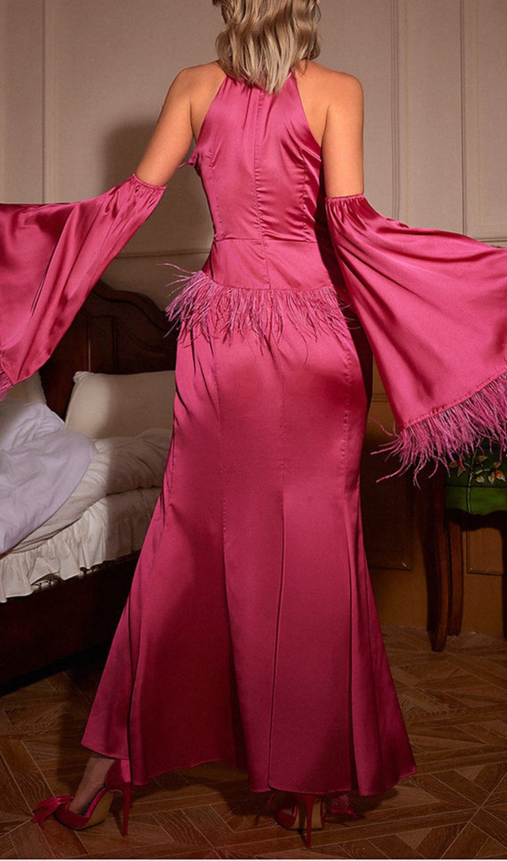 Astra Pink Halterneck Feather Satin Dress