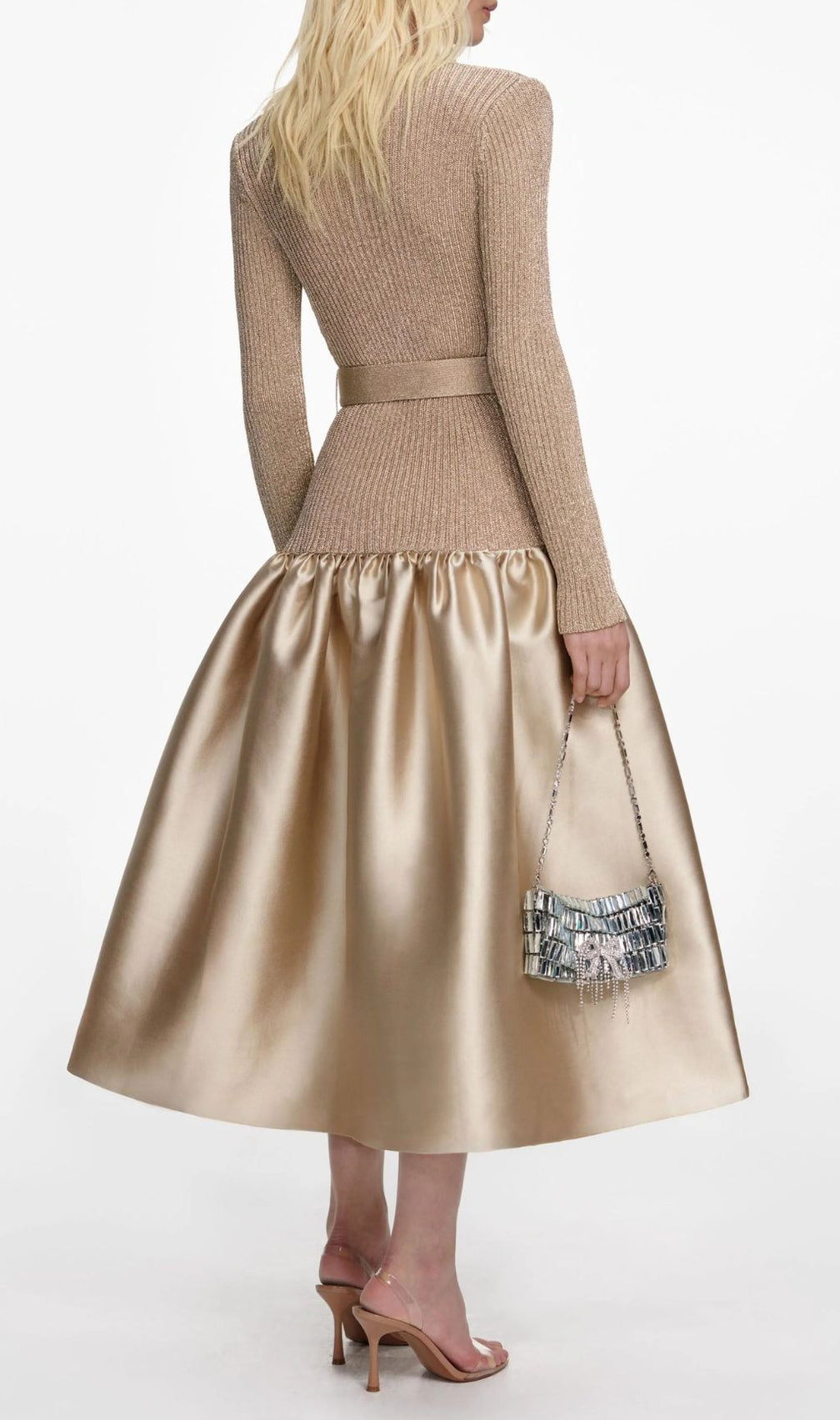 Glamorous Jetje Gold Shimmer Knit & Satin Belted Midi Dress