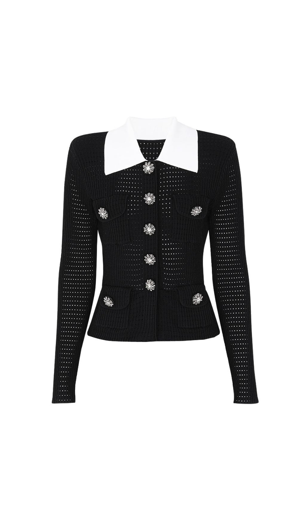 Karoline Tailored Pointelle Knit Cardigan – Elegant Contrast Collar