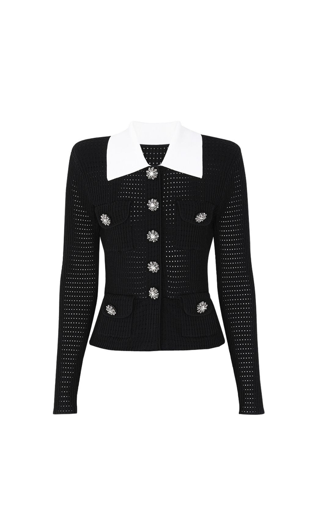 Karoline Tailored Pointelle Knit Cardigan – Elegant Contrast Collar