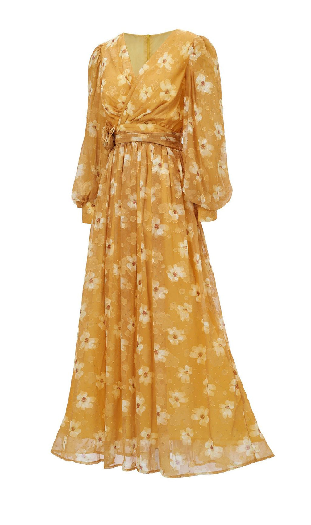 Feodora Yellow Floral Printed Long Sleeve Maxi Dress