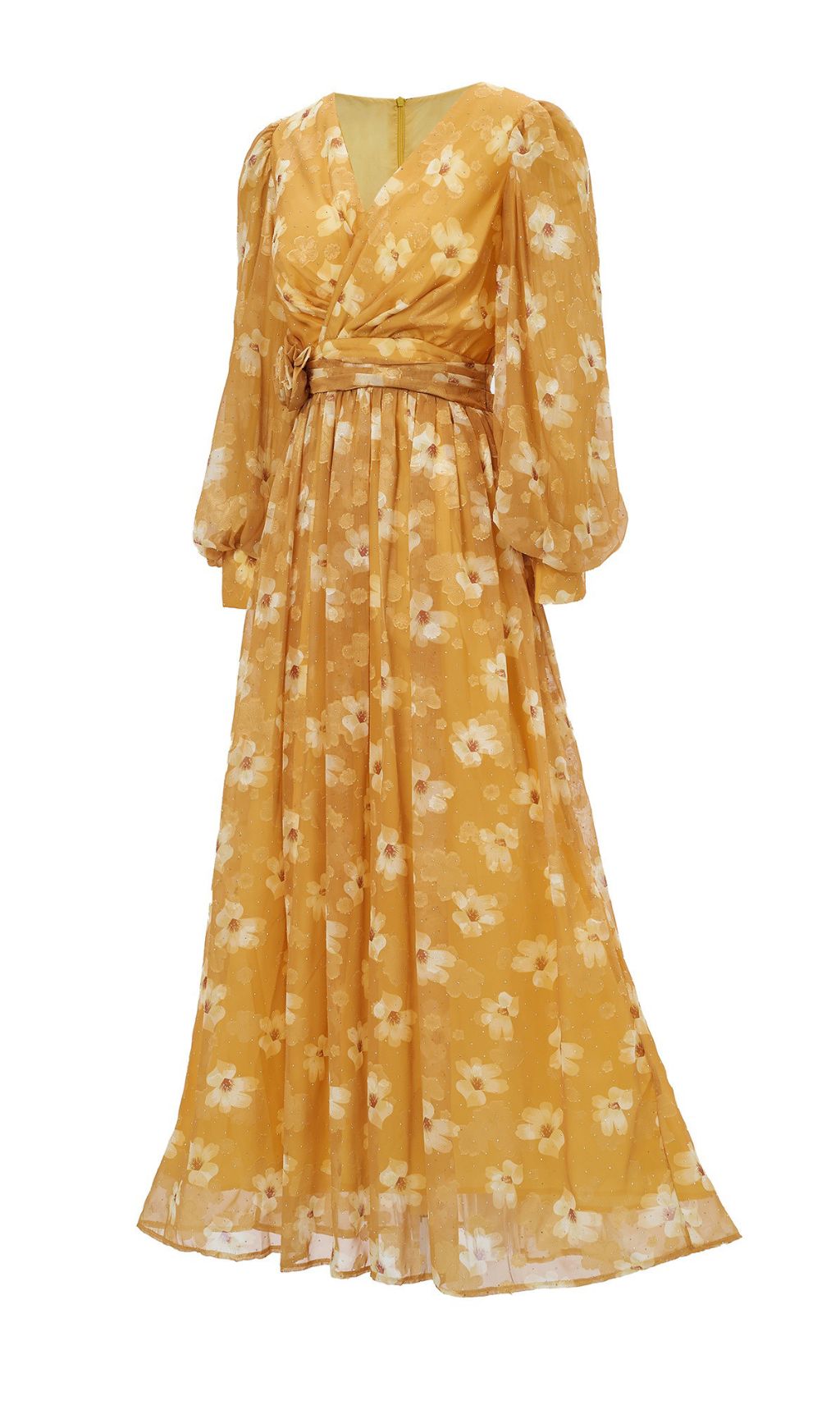 Feodora Yellow Floral Printed Long Sleeve Maxi Dress