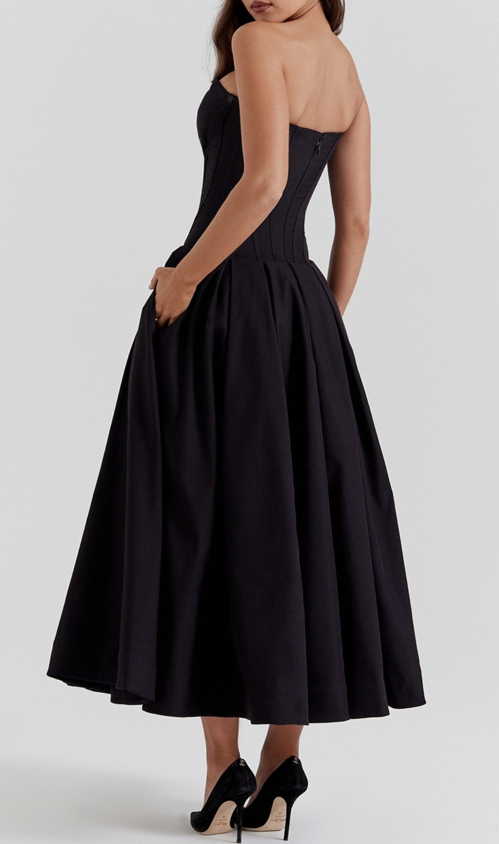 Devani Black Strapless Corset Midi Dress