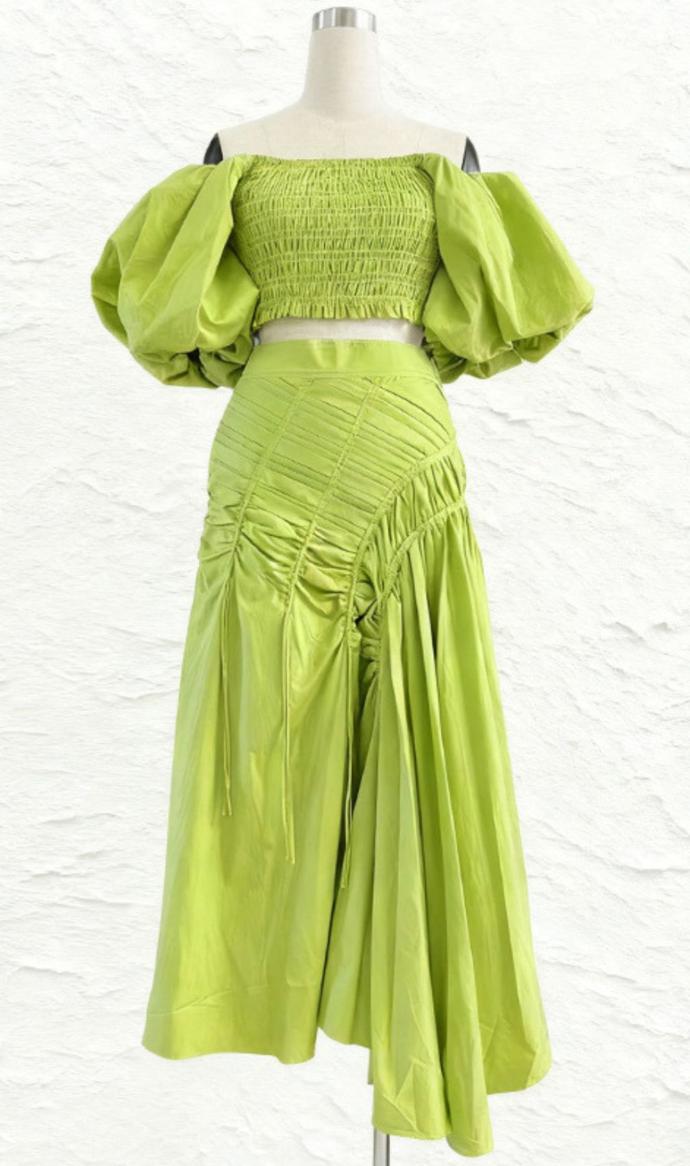 Vibrant Lime Green Puff Sleeve Crop Top & Ruched Maxi Skirt Set | Ivo Two-Piece